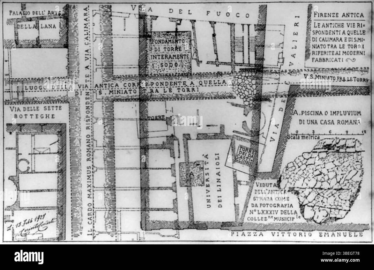 Una mappa del 1928 di Corinto Corinti raffigurante antiche strade di Firenze, confrontando in modo specifico l'antica via Calimara e via di San Miniato con gli edifici moderni della zona, mostrando l'evoluzione del paesaggio urbano di Firenze nel tempo. Foto Stock