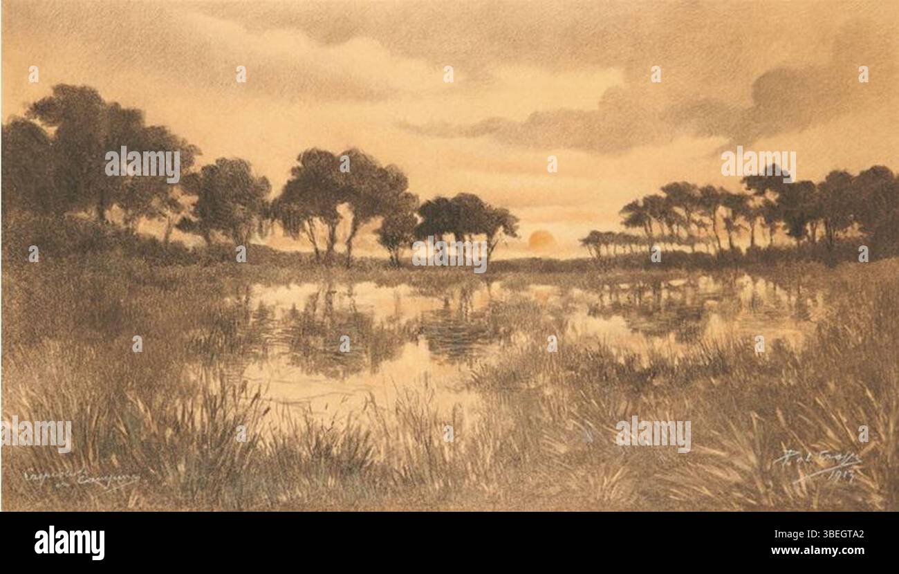 "Twilight in the Campine" (1913) di Paul Craps ritrae la tranquilla bellezza della regione belga delle Campine al crepuscolo. L'artista utilizza sottili tonalità di colore per catturare la tranquillità delle ore al crepuscolo. Foto Stock