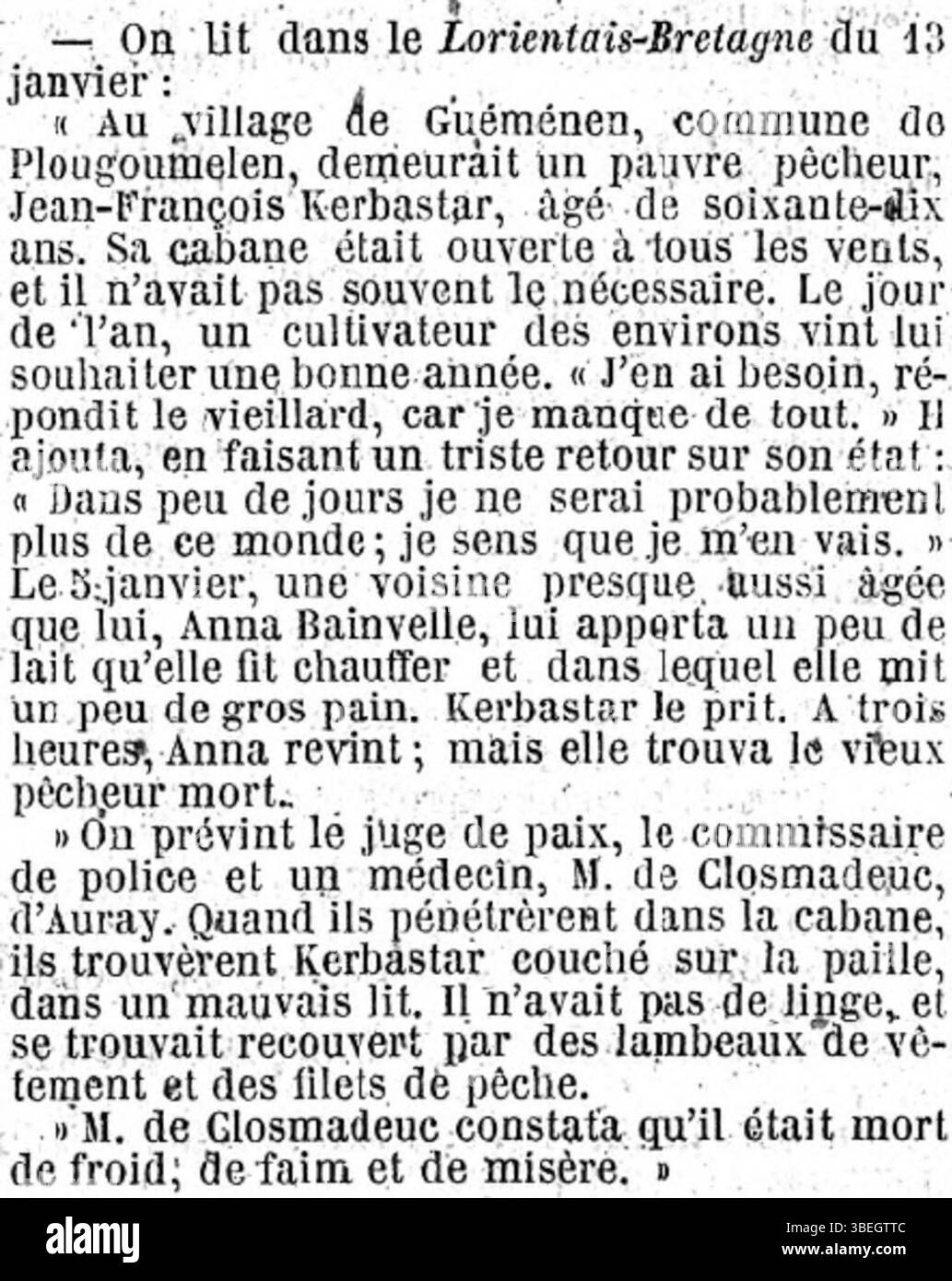 Un articolo pubblicato sul Journal des Débats Politiques et Littéraires il 17 gennaio 1858, che descrive le difficoltà incontrate da un povero pescatore di Plougoumelen, Bretagna. Foto Stock