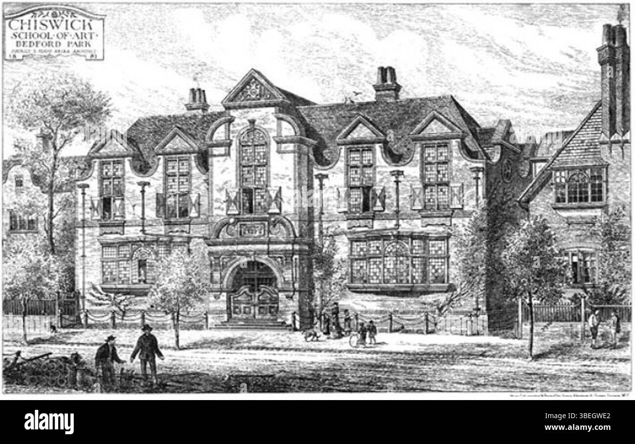Progetto architettonico di Maurice B. Adams nel 1881 per la Chiswick School of Art, situata in Bath Road a Bedford Park, Londra. Foto Stock