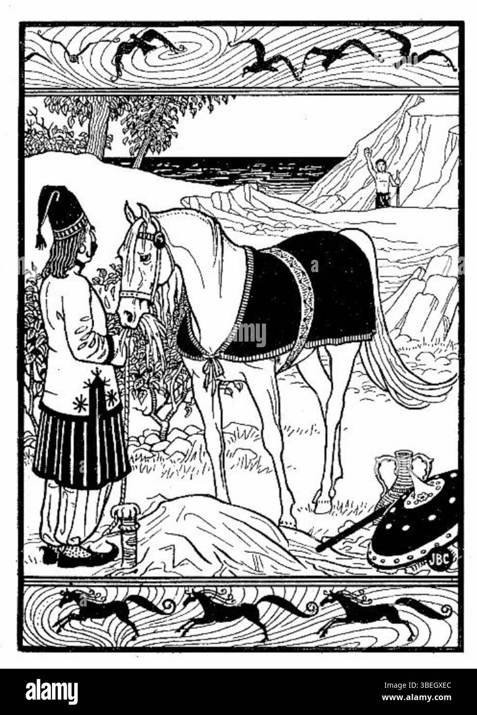 "Horse from Sindbad" di Joseph Benwell Clark, creato nel 1896, è un'illustrazione di un libro. L'opera d'arte presenta un cavallo come parte di una scena fantastica, probabilmente ispirata alle leggendarie storie di Sinbad il marinaio. Gli intricati dettagli di Clark catturano la natura esotica e avventurosa della storia. Foto Stock