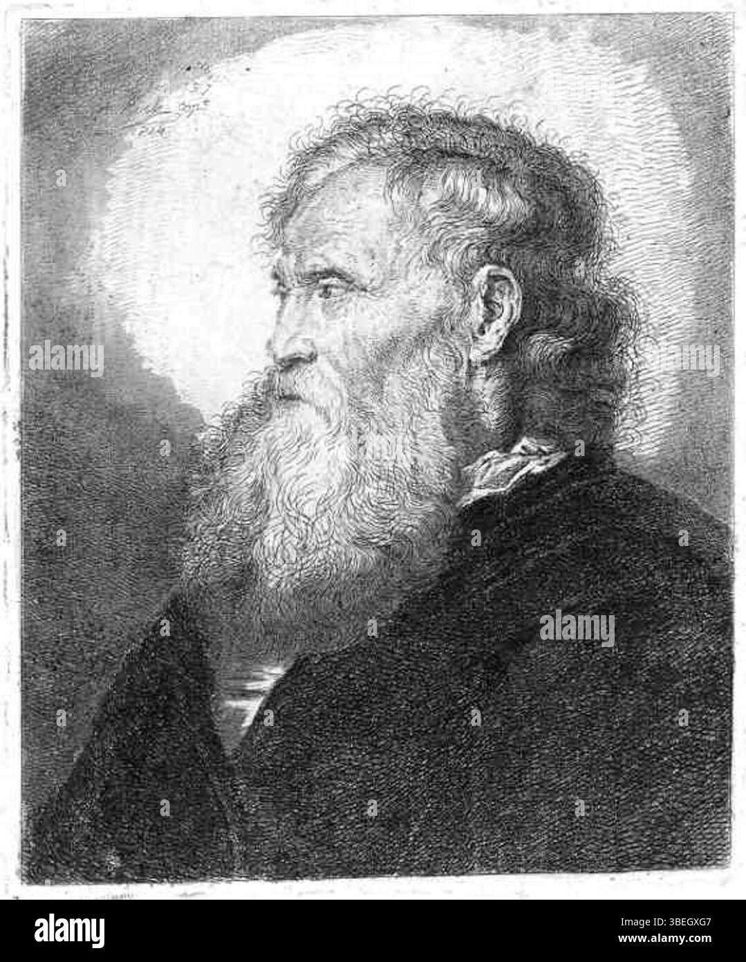 Questa incisione, creata da Johannes Mock, raffigura un busto di un uomo anziano con la barba. L'opera, creata nel 1757, fa parte di una collezione legata alle opere incise di Rembrandt e mette in mostra ritratti classici. Foto Stock