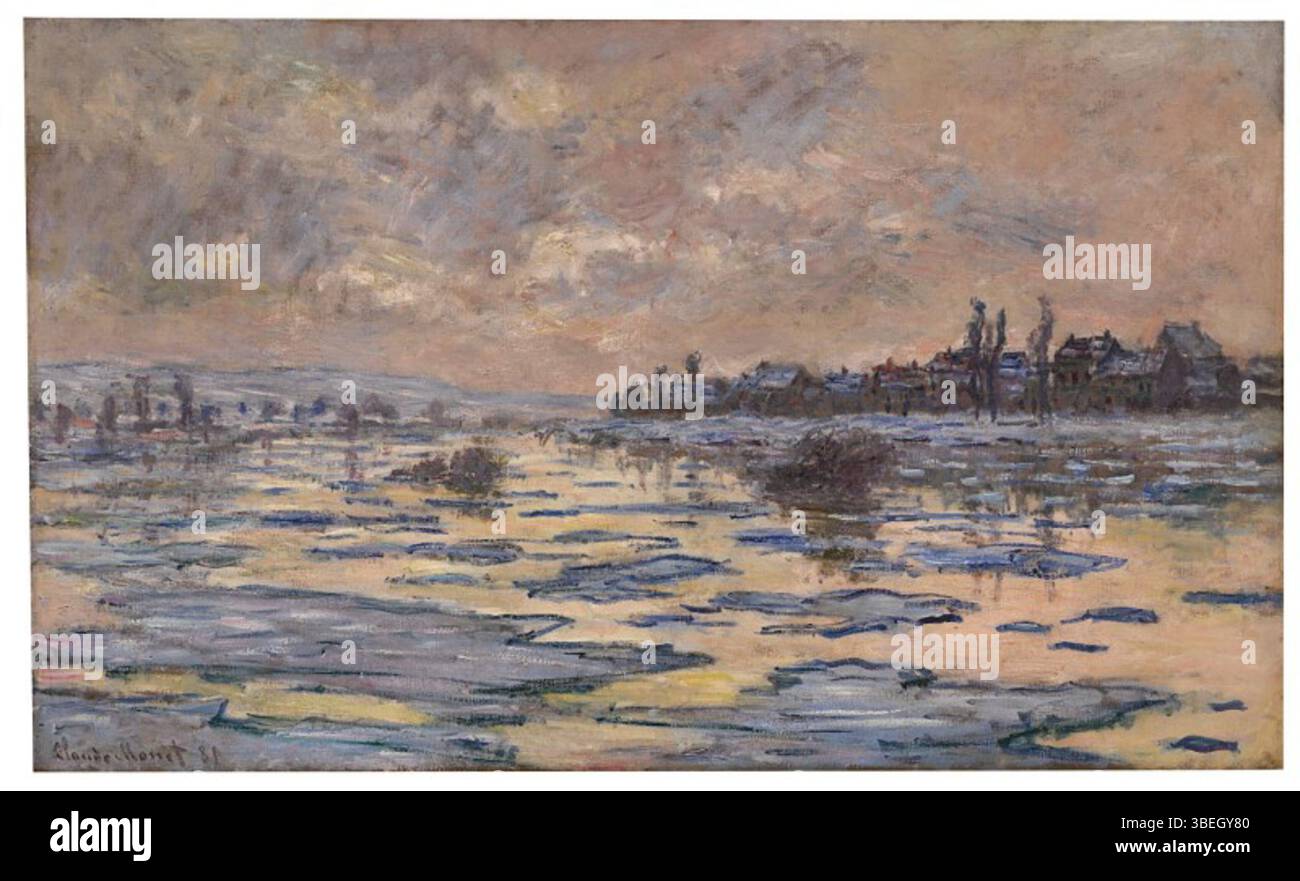 "La Senna à Lavacourt, débâcle" di Claude Monet, dipinto nel 1880, raffigura la Senna durante un'alluvione. Il dipinto cattura il potere e il movimento dell'acqua, con alberi e strutture sommerse nell'alluvione. Monet utilizza la sua tecnica impressionistica per trasmettere la drammatica scena naturale, enfatizzando la luce, il colore e la natura transitoria del momento. Foto Stock