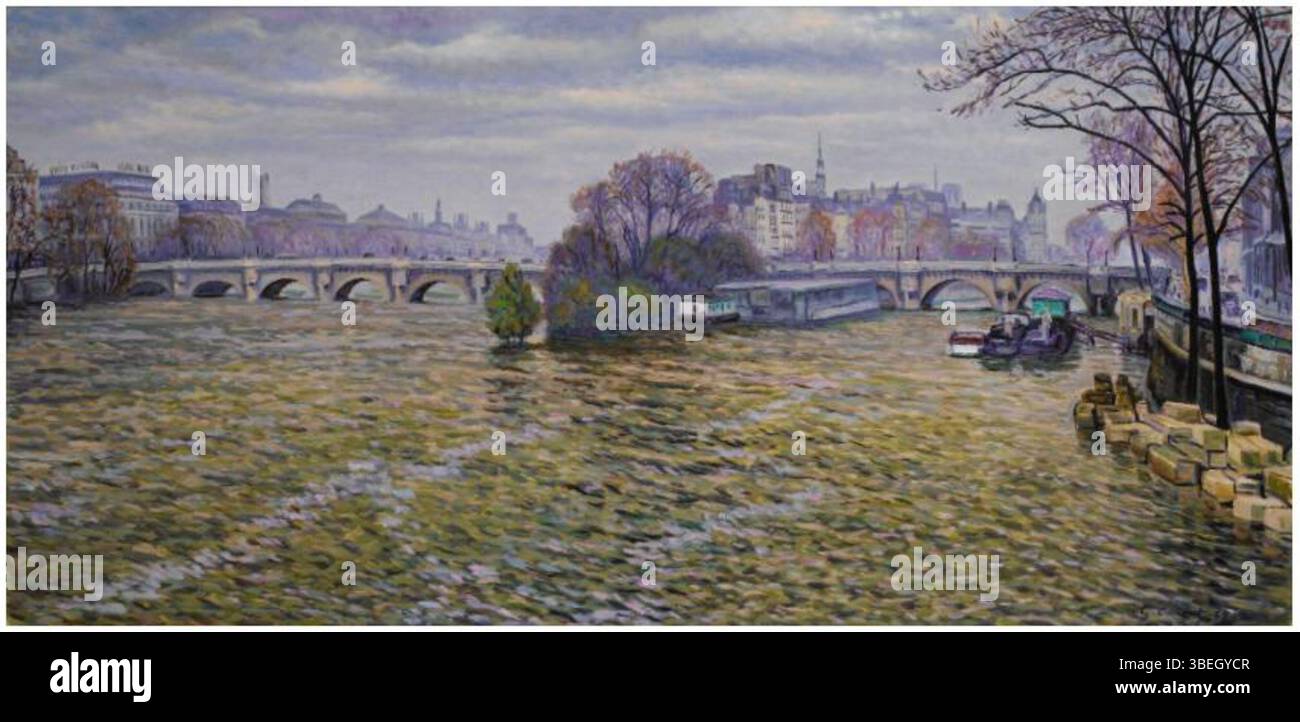 Dipinto nel 1932, "la Senna à Paris" di Gustave Cariot presenta l'iconico fiume Senna che scorre attraverso Parigi. Il pezzo cattura il dinamico paesaggio urbano con l'uso caratteristico di colori e luci di Cariot, riflettendo sia la grandiosità che la tranquilla bellezza del fiume e dei suoi dintorni. Foto Stock