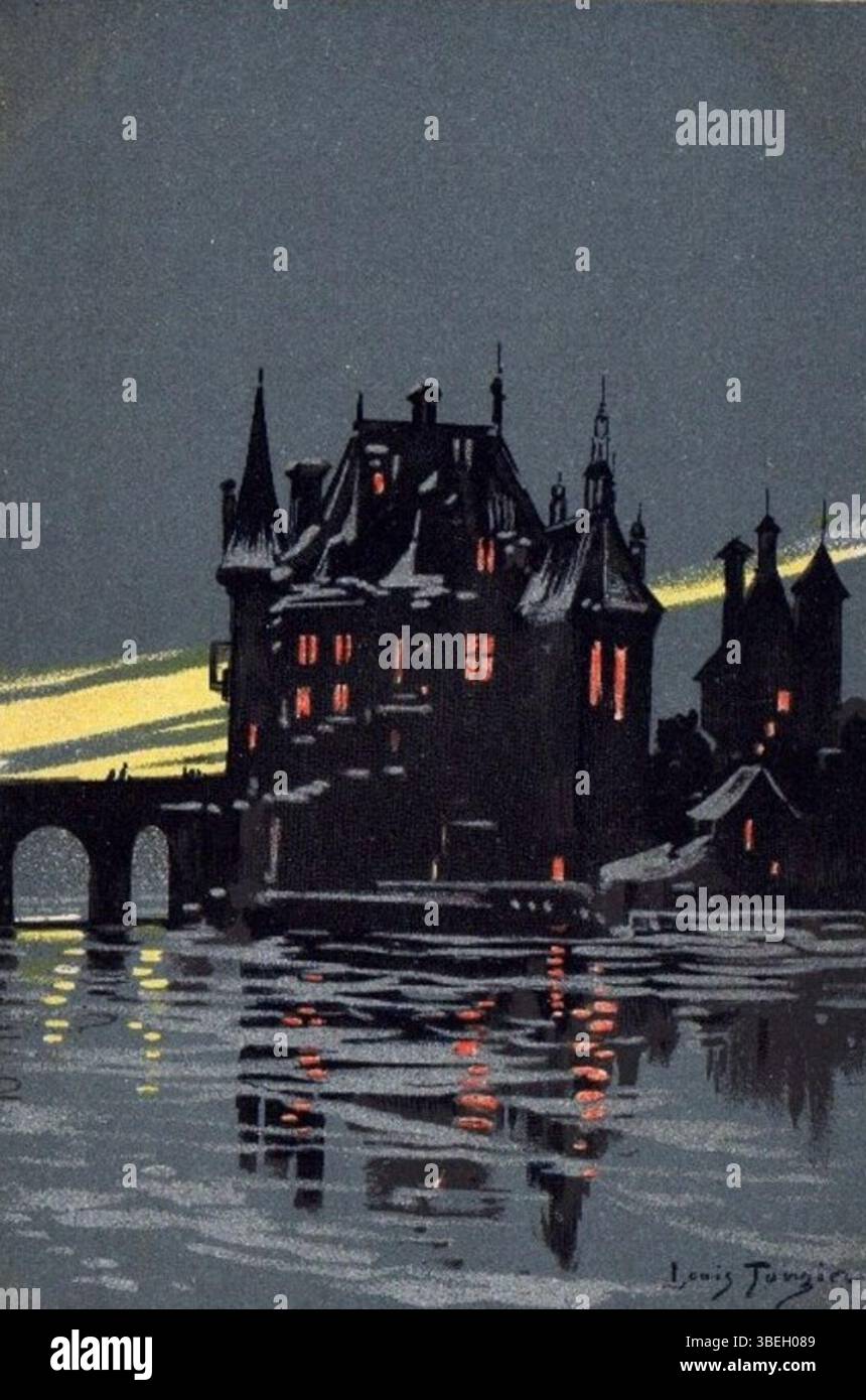 "Scènes à la tombée de nuit 4" di Louis Tauzin (circa 1910) cattura la luce sbiadita del giorno in un paesaggio sereno. Il pezzo mette in evidenza la maestria di Tauzin nel ritrarre le transizioni atmosferiche e i sottili effetti della luce al tramonto. Foto Stock