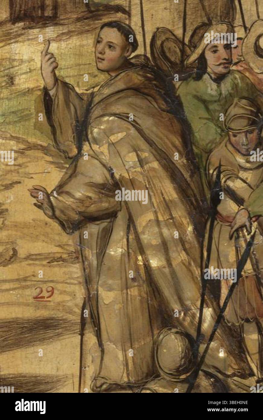 Questo dipinto del 1698 raffigura Fray Bartolomé de Olmedo, un frate spagnolo, come parte della più grande serie sulla conquista del Messico. Il dipinto è stato creato dagli artisti messicani Miguel González e Juan González. Foto Stock