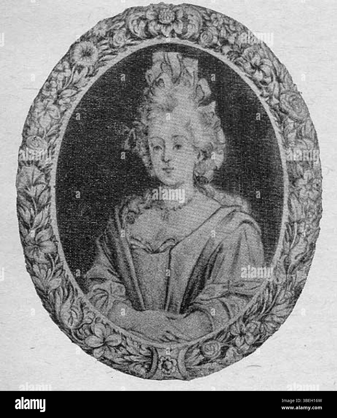 Questo ritratto di Virginia Bazzani Cavazzoni, una poetessa della fine del XVII secolo, riflette la cultura intellettuale italiana del periodo. È stato pubblicato nel lavoro di Maria Bandini Buti del 1941 sulle scrittrici italiane. Foto Stock