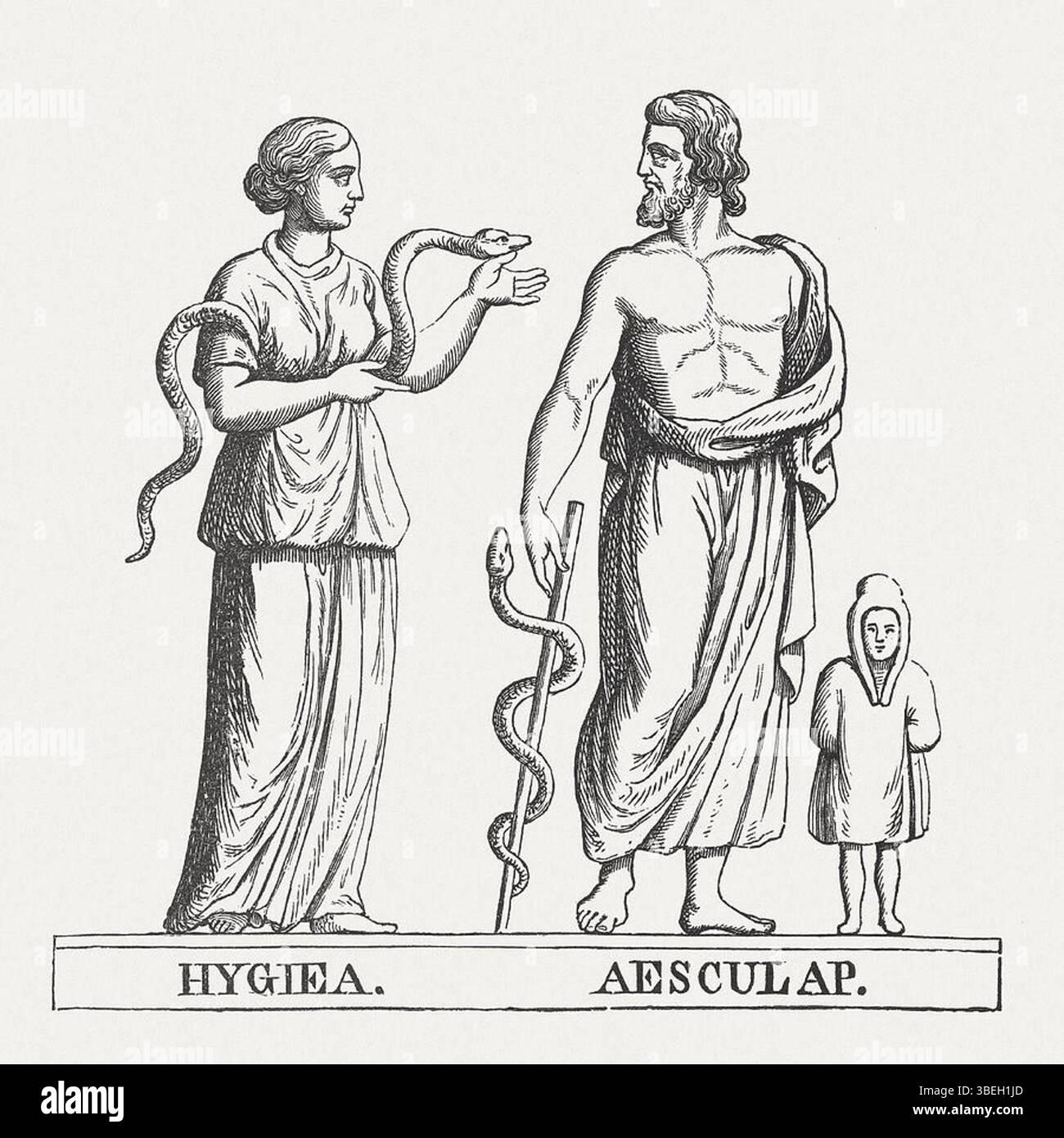 Questa incisione del 1878 raffigura Asclepio, il dio greco della guarigione, insieme a sua figlia Igeia, la dea della salute. Entrambe le figure sono centrali nella mitologia greca e romana, simboleggiando la medicina e l'assistenza sanitaria nelle antiche culture. Foto Stock