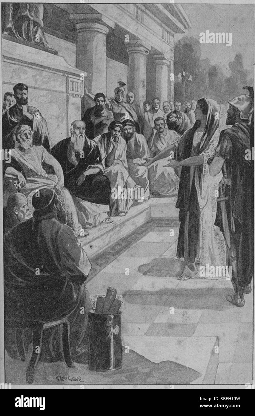 Un'illustrazione di Richard Geiger (1870-1945) dall'opera ungherese del 1900 "A Világ történelme", raffigurante Aspasia che si difende davanti ai giudici. La scena ritrae le lotte intellettuali e legali delle donne nell'antica Atene. Foto Stock