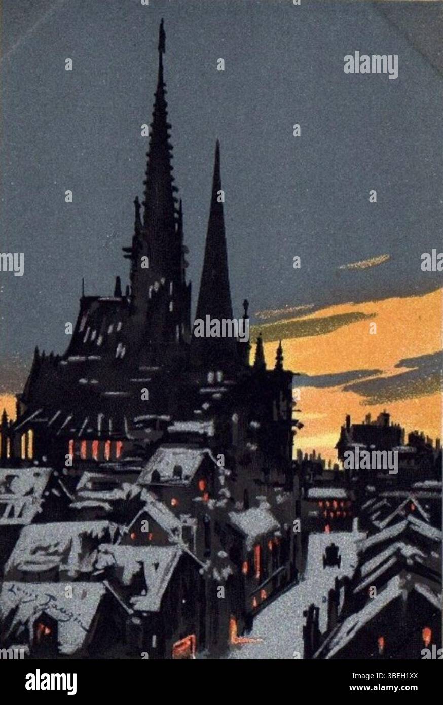 Scènes à la tombée de nuit 5 di Louis Tauzin (circa 1910) cattura la transizione dal giorno alla notte, un tema ricorrente nel suo lavoro. Il dipinto evoca l'atmosfera tranquilla e misteriosa del crepuscolo, con dettagli raffinati nel rendering di luce e ombra. Foto Stock