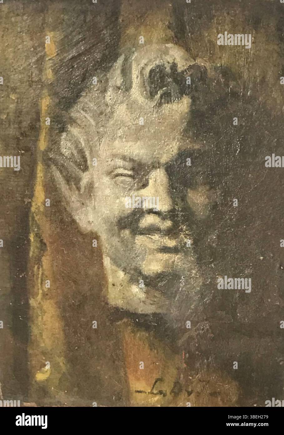 *Clownskopje* di Lucie van Dam van Isselt è un dipinto ad olio su pannello dal 1871 al 1949, che misura 26 x 37 cm. Questo ritratto espressivo si concentra sul volto di un clown, esplorando i contrasti di luce e ombra. Foto Stock