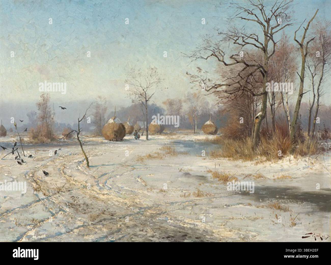 Jacques Matthias Schenker (1854-1927) dipinse *Winter im Spreewald*, una scena invernale ambientata nella regione di Spreewald in Germania. Il dipinto cattura la calma e la bellezza di un paesaggio innevato. Foto Stock