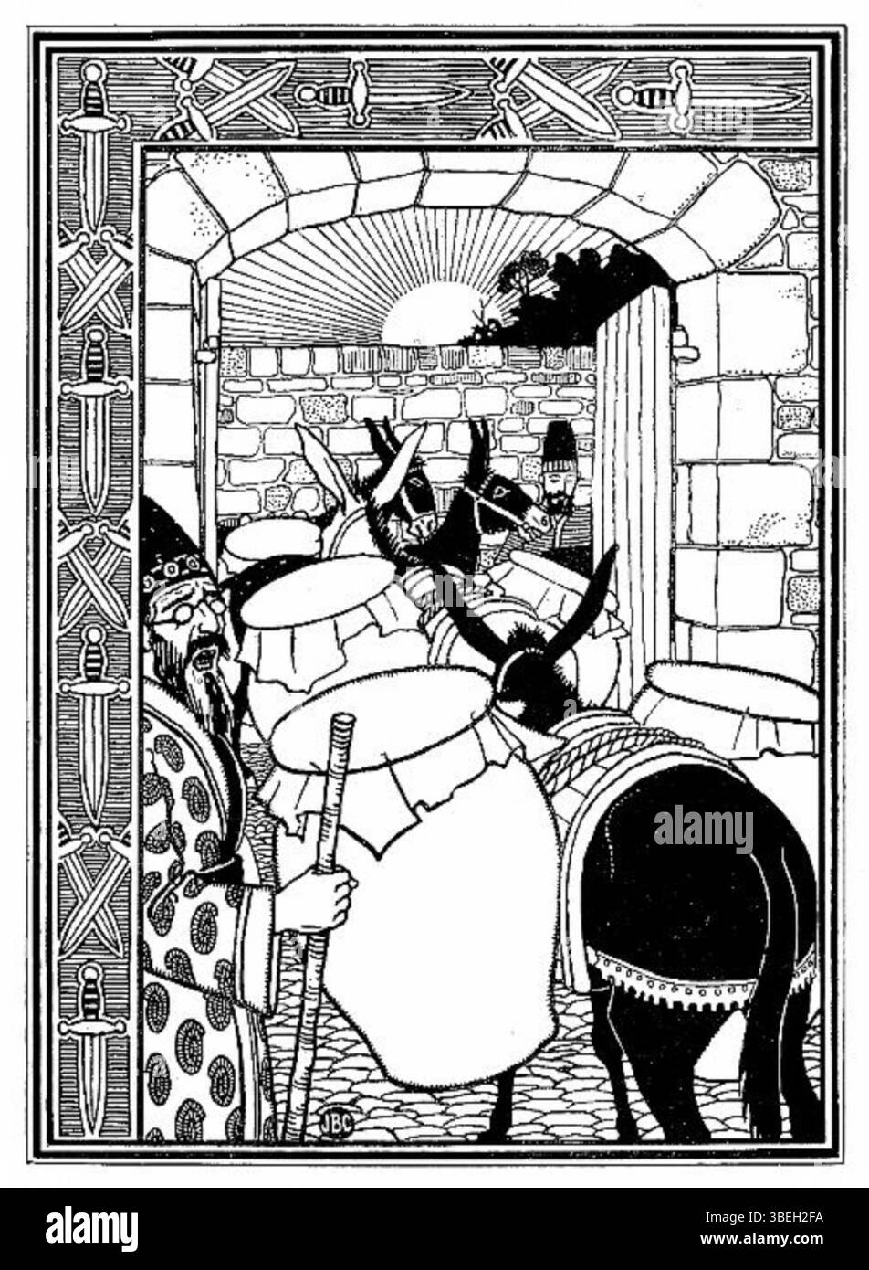 Questa illustrazione del 1896 di Joseph Benwell Clark raffigura la scena al cancello, dove si verifica un'azione chiave nella narrazione. L'opera d'arte cattura un momento cruciale nella storia di Ali Baba e i quaranta ladri. Foto Stock