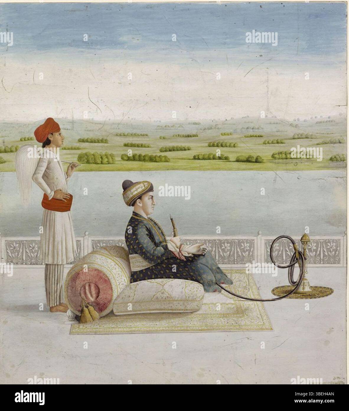 Questo acquerello di un artista sconosciuto raffigura John Wombwell che fuma un huqqa, creato tra il 1785 e il 1790. Misura 323x285 mm e fa parte della Collezione Frits Lugt presso l'Institut Neerlandais di Parigi. Foto Stock