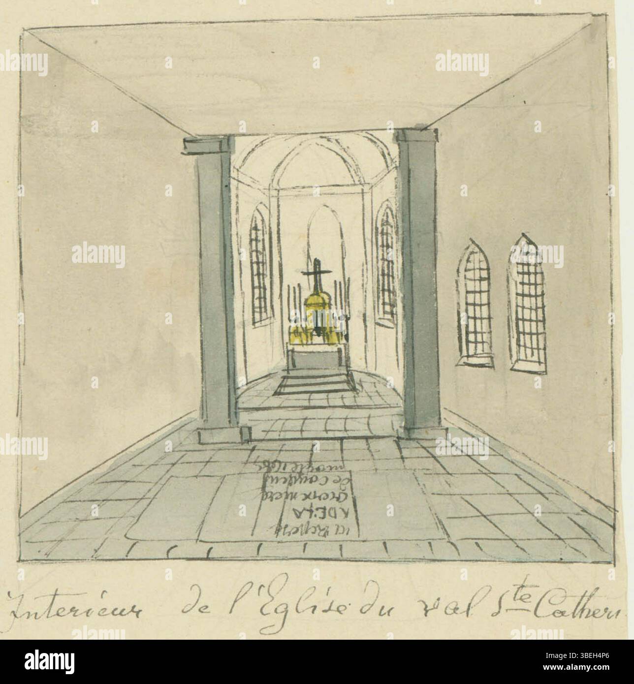 Disegno di Philippe van Gulpen del 1846 raffigurante l'interno della cappella del Faliezustersklooster (Valle di Santa Caterina) a Maastricht, con la didascalia 'Intérieur de l'église du Val Ste. Catherine. Foto Stock