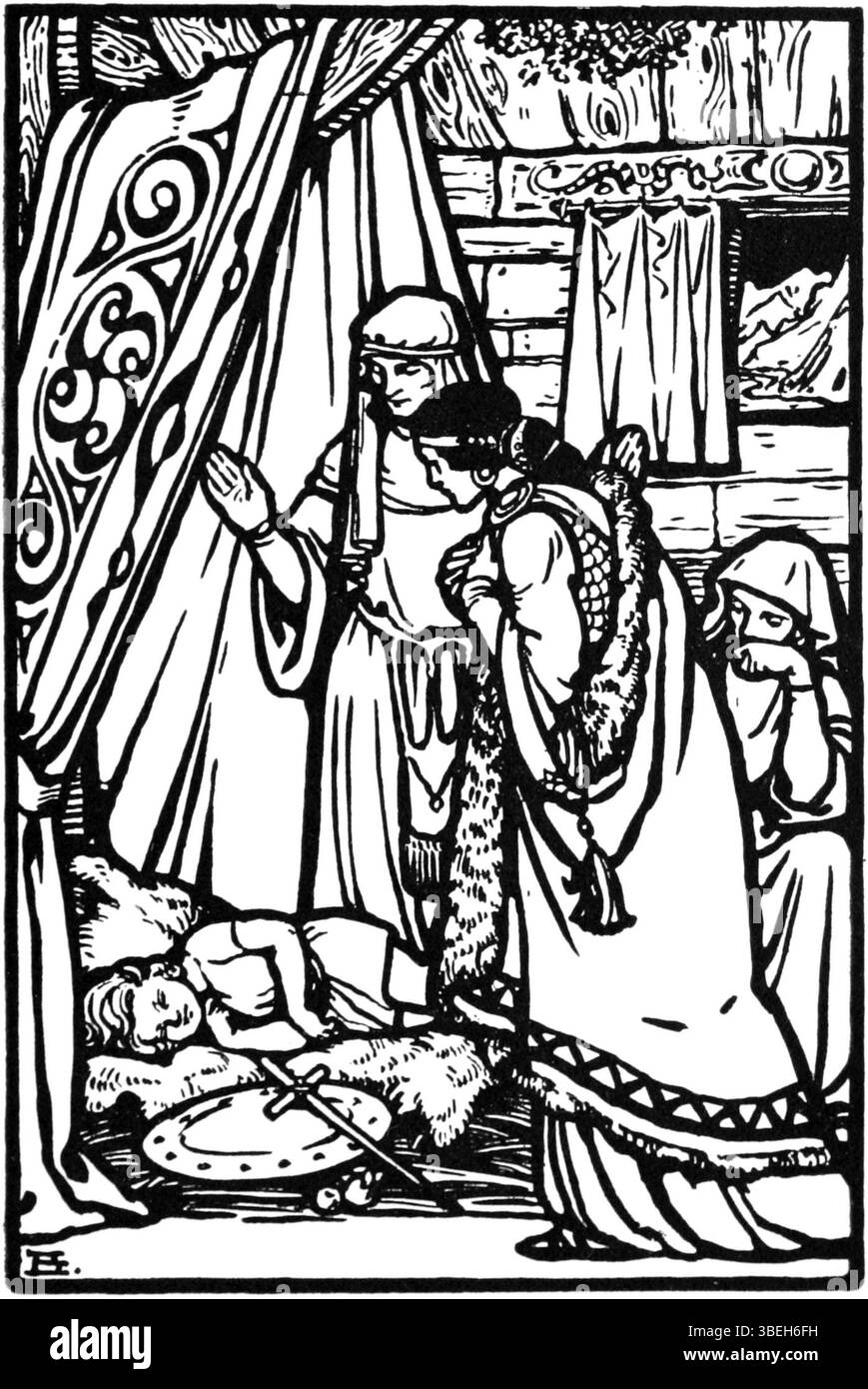 Questa illustrazione di Beatrice Elvery del 1914 raffigura figure della mitologia irlandese. È stato creato per una raccolta di racconti e leggende, che riportano in vita eroi e figure mitiche dell'antico passato irlandese. L'illustrazione fa parte di un gruppo più ampio di lavori incentrati sul folklore irlandese. Foto Stock