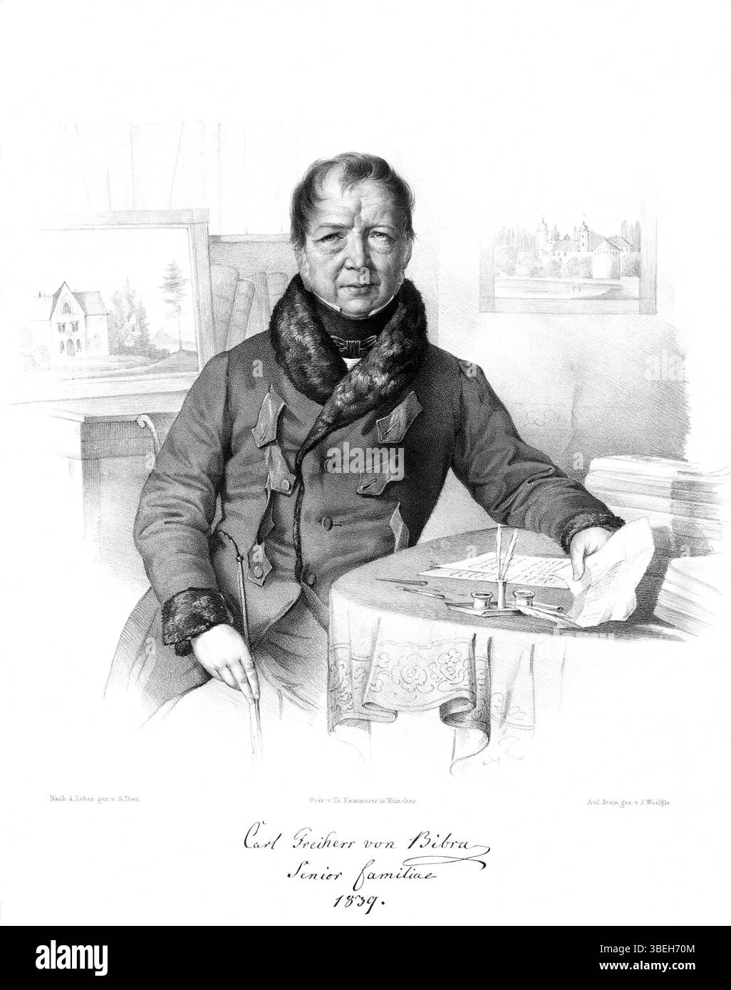 Questo ritratto di Carl Friedrich Wilhelm Gottlob von Bibra (1770-1842) fu creato da S. Diez e inciso da J. Woelfjle nel 1839. La rappresentazione si basa sulla sua somiglianza e include le case della famiglia Bibra Aroldshausen e Irmelshausen. Il ritratto faceva parte di uno sforzo per documentare figure storiche notevoli del tempo. Foto Stock