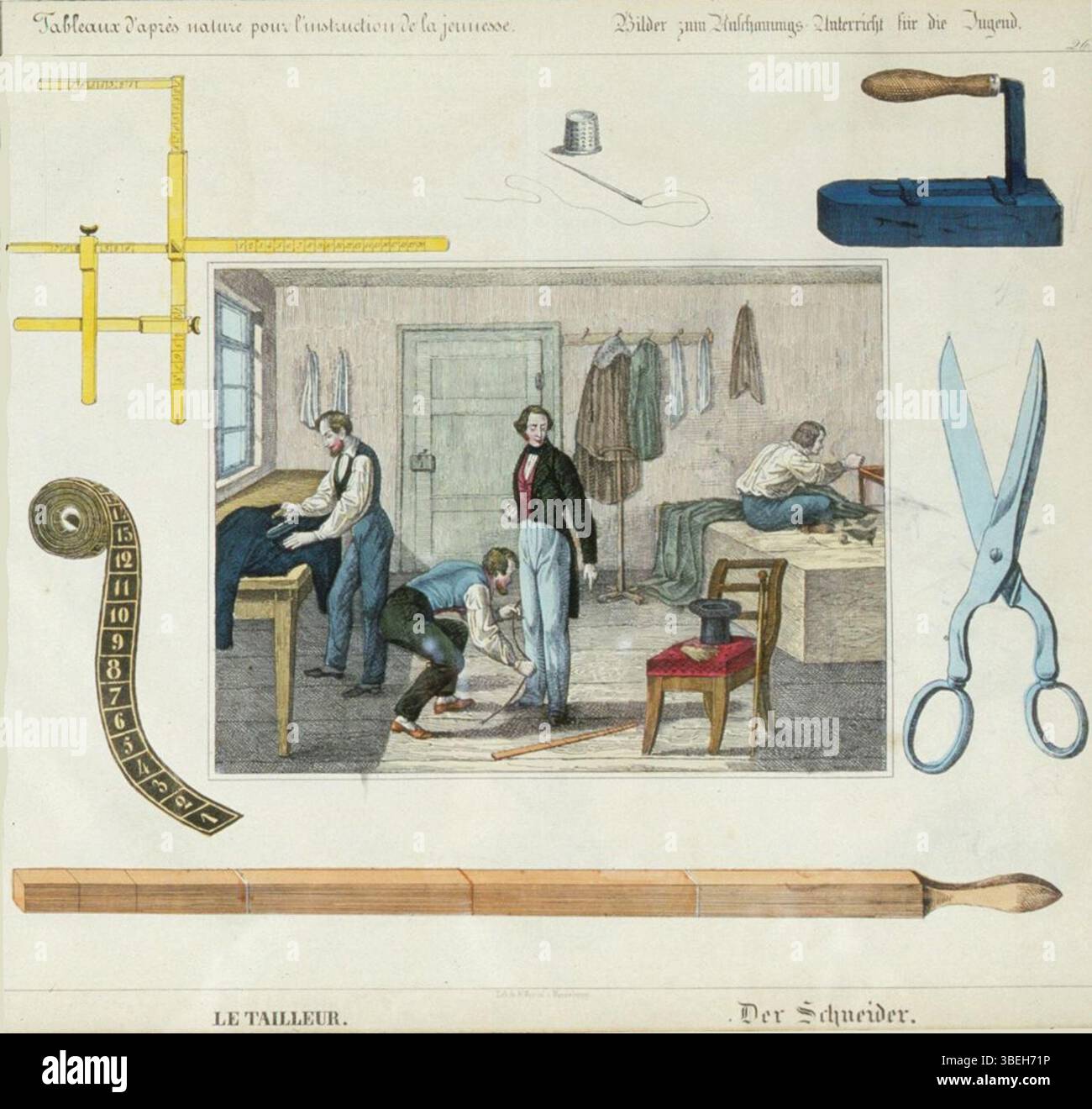 Questo piatto educativo colorato di Jean Frédéric Wentzel, risalente al 1847, raffigura un laboratorio di sarto come parte della serie "Tableaux d'après nature". È destinato a insegnare ai giovani la sartoria tradizionale, un'abilità vitale del XIX secolo. Foto Stock