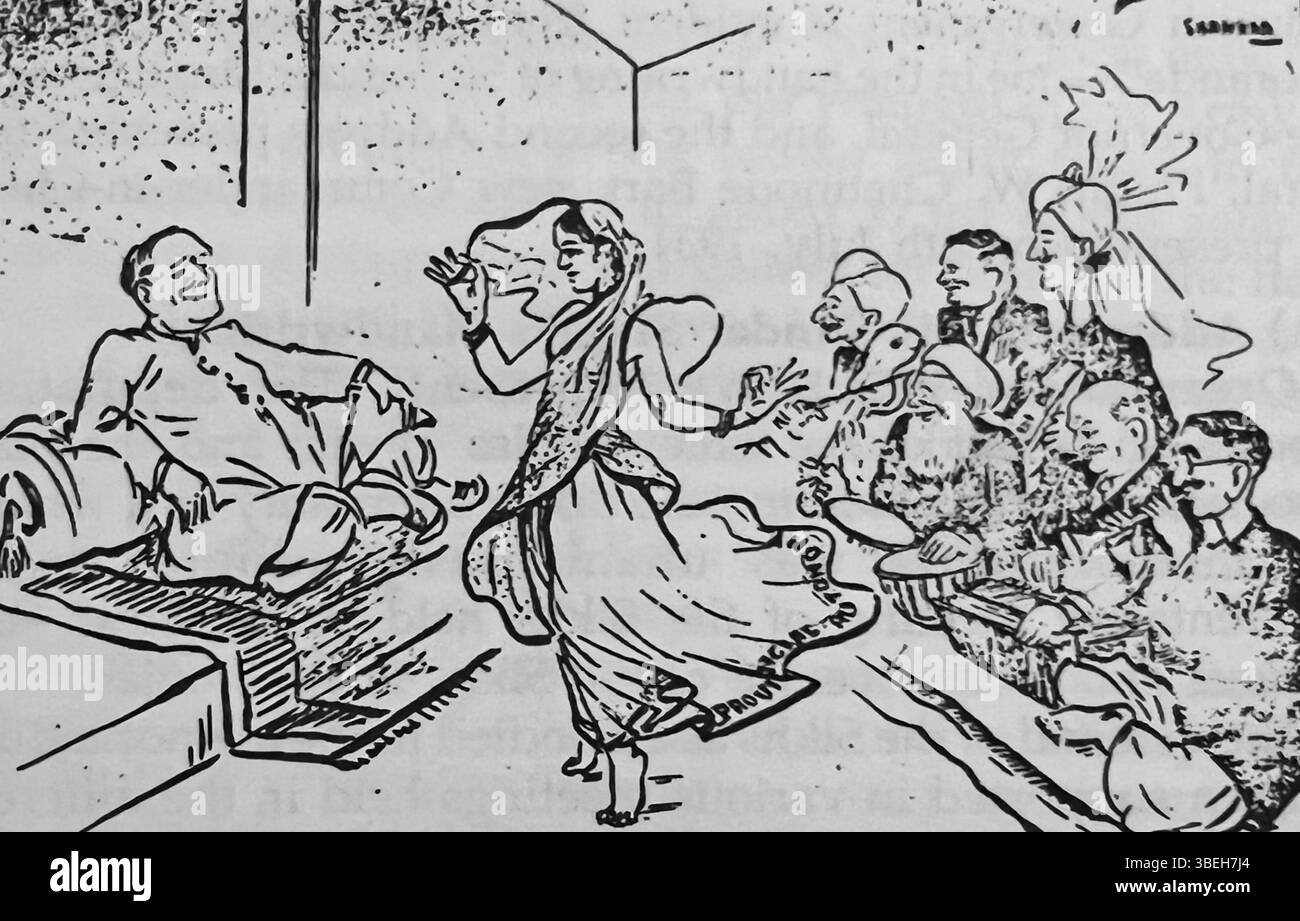 Questo cartone animato, pubblicato su "The Hindustan Times" il 19 luglio 1937, mostra gli unionisti Sundar Singh Majithia, Sikandar Hayat Khan e Chhotu RAM che suonano strumenti per il viceré britannico Herbert William Emerson, che sta godendo di un ballerino nautico. Foto Stock