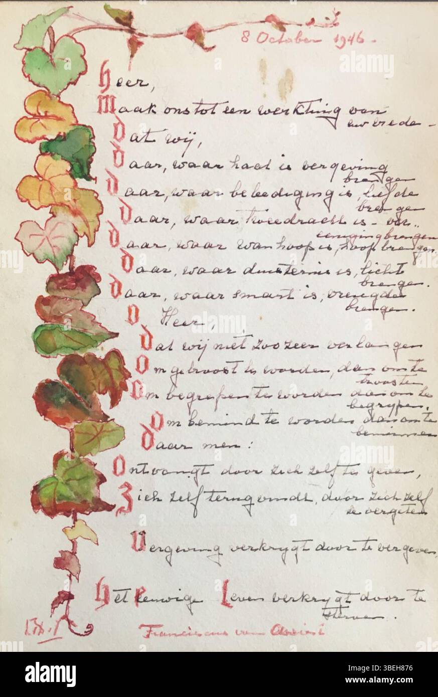 L'opera d'arte di Lucie van Dam van Isselt del 1946 "Gebed van Franciscus van Assisi" (preghiera di San Francesco d'Assisi) raffigura il santo in una posa riverente, incarnando umiltà e spiritualità in modo sottile e dettagliato. Foto Stock