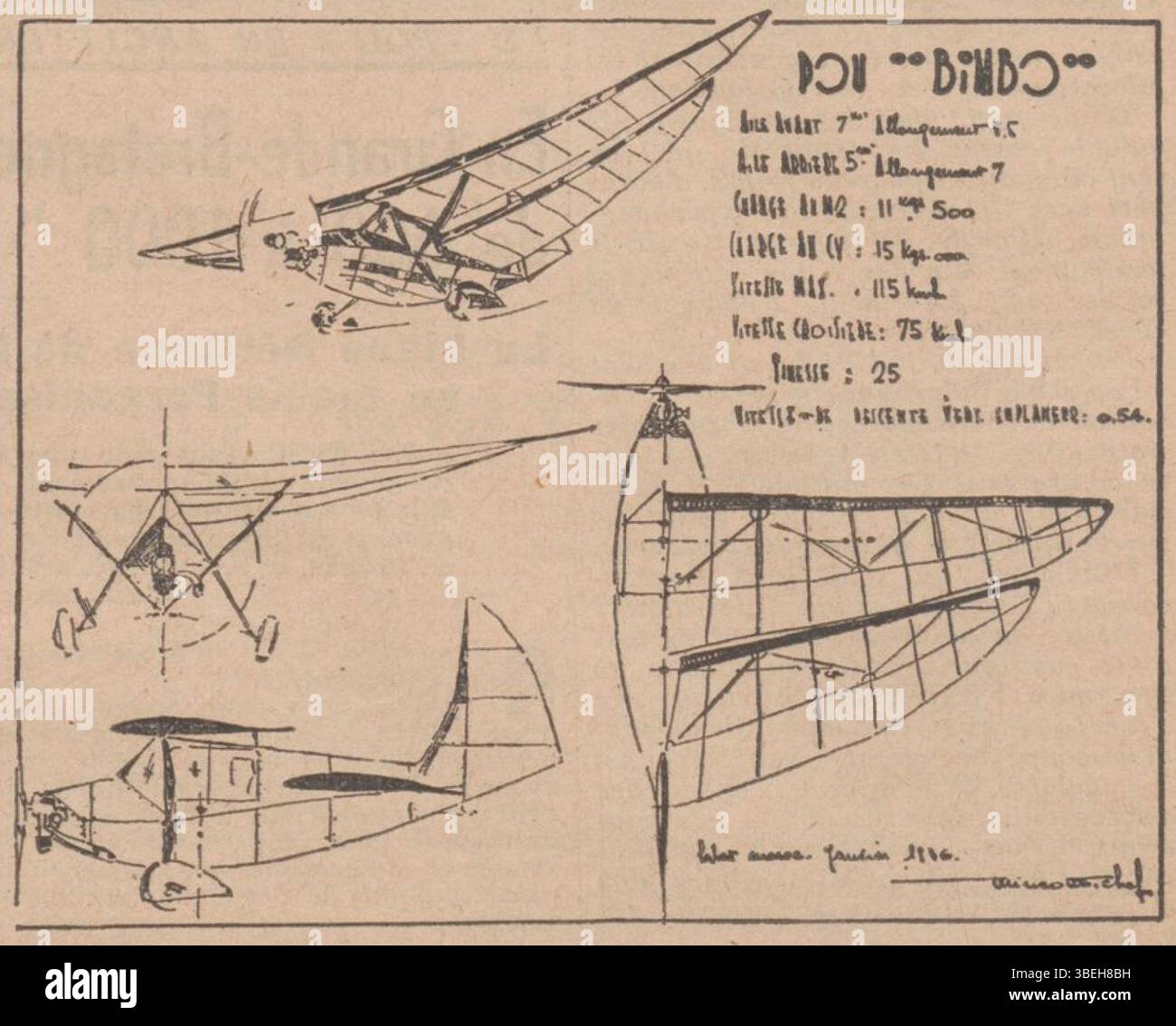 Questo design del 1936 di Michel Minéo illustra il concetto del Pou-bimbo, un biplano. I disegni tecnici mostrano le idee di progettazione e propulsione alla base di questo esperimento aeronautico dei primi anni del XX secolo. Foto Stock