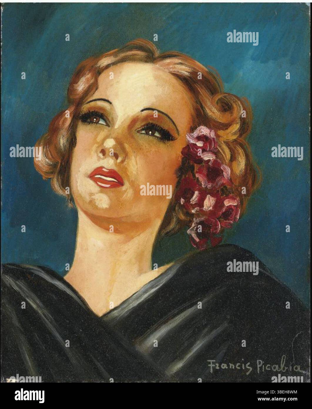 *Tête de Femme* (capo della donna), dipinto da Francis Picabia, ritrae un ritratto femminile astratto. L'opera utilizza linee e forme audaci per rappresentare le caratteristiche del soggetto in uno stile non convenzionale e modernista. Foto Stock
