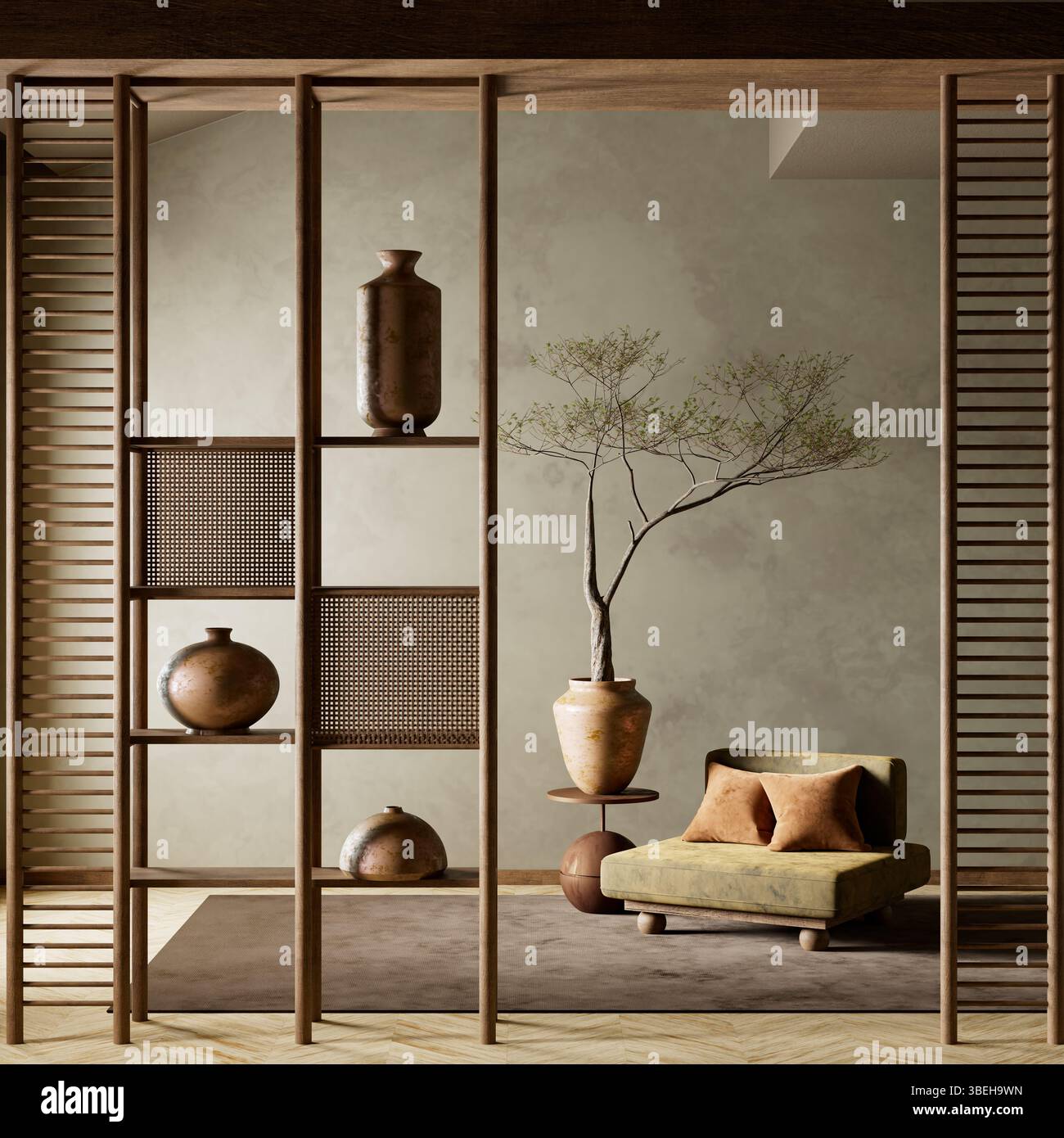 Uno spazio abitativo sereno e minimalista con toni terrosi, illuminazione soffusa e decor di ispirazione Giapponese caratterizzato da tessuti naturali, mobili bassi ed eleganti Foto Stock