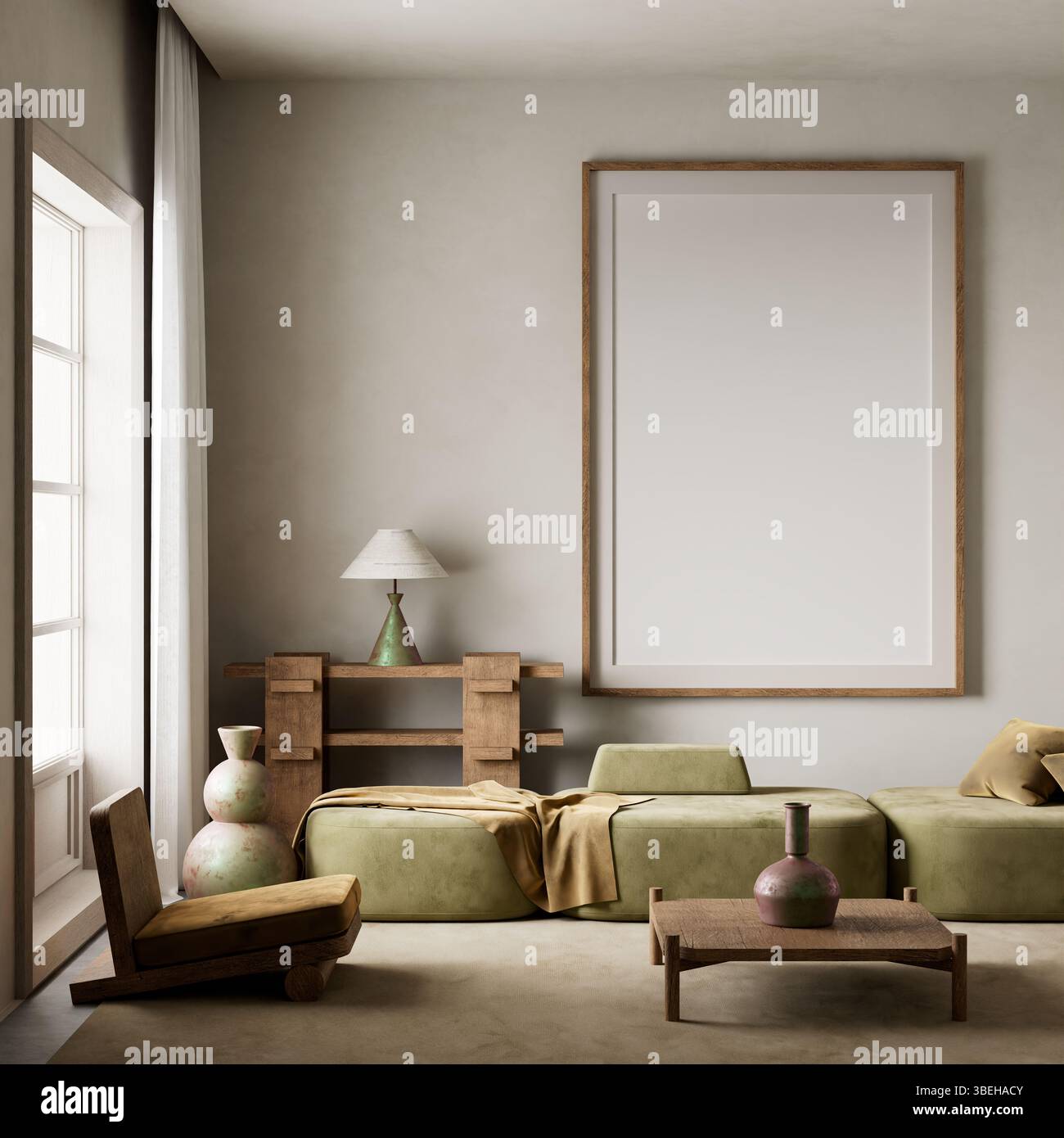 Un soggiorno tranquillo e minimalista caratterizzato da toni terrosi, mobili di basso profilo e luce naturale per un'atmosfera tranquilla e accogliente. Illustrazione 3D. Foto Stock