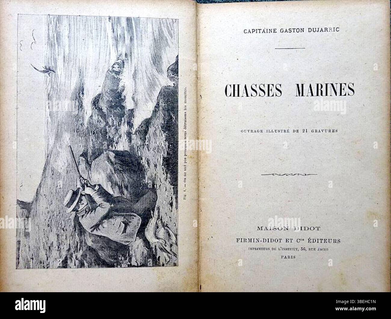 Il frontespizio di 'Chasses marines' di Gaston Dujarric, pubblicato a Parigi da Firmin Didot nel 1898, presenta un design elegante caratteristico dell'arte libraria del tardo XIX secolo. Foto Stock