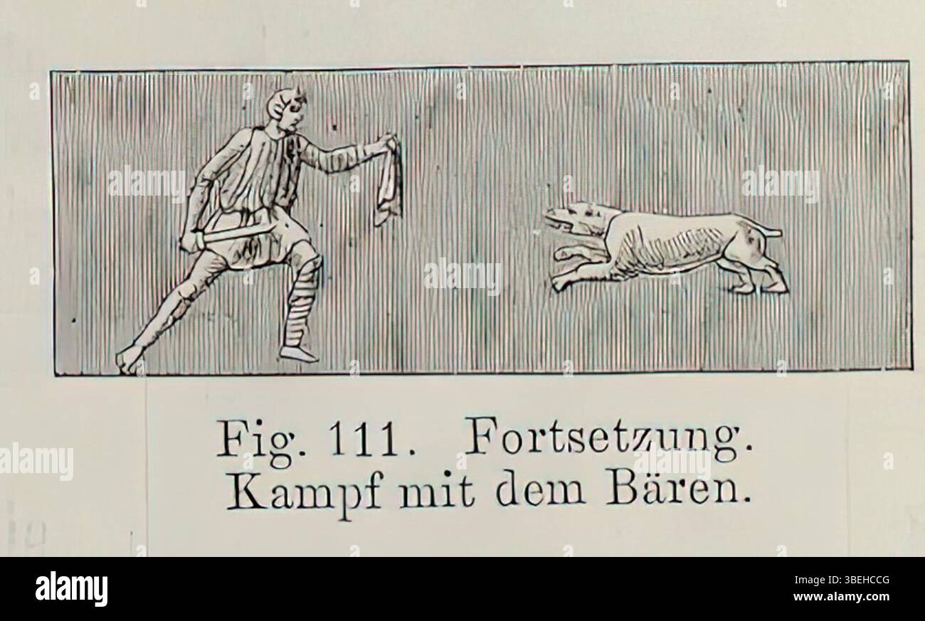 Questa illustrazione di Johannes Overbeck e August Mau del 1884 mostra bestiarii, gladiatori che hanno combattuto animali selvatici nell'anfiteatro. Le opere d'arte mettono in risalto questi brutali spettacoli pubblici tenuti negli antichi anfiteatri romani per intrattenimento. Foto Stock