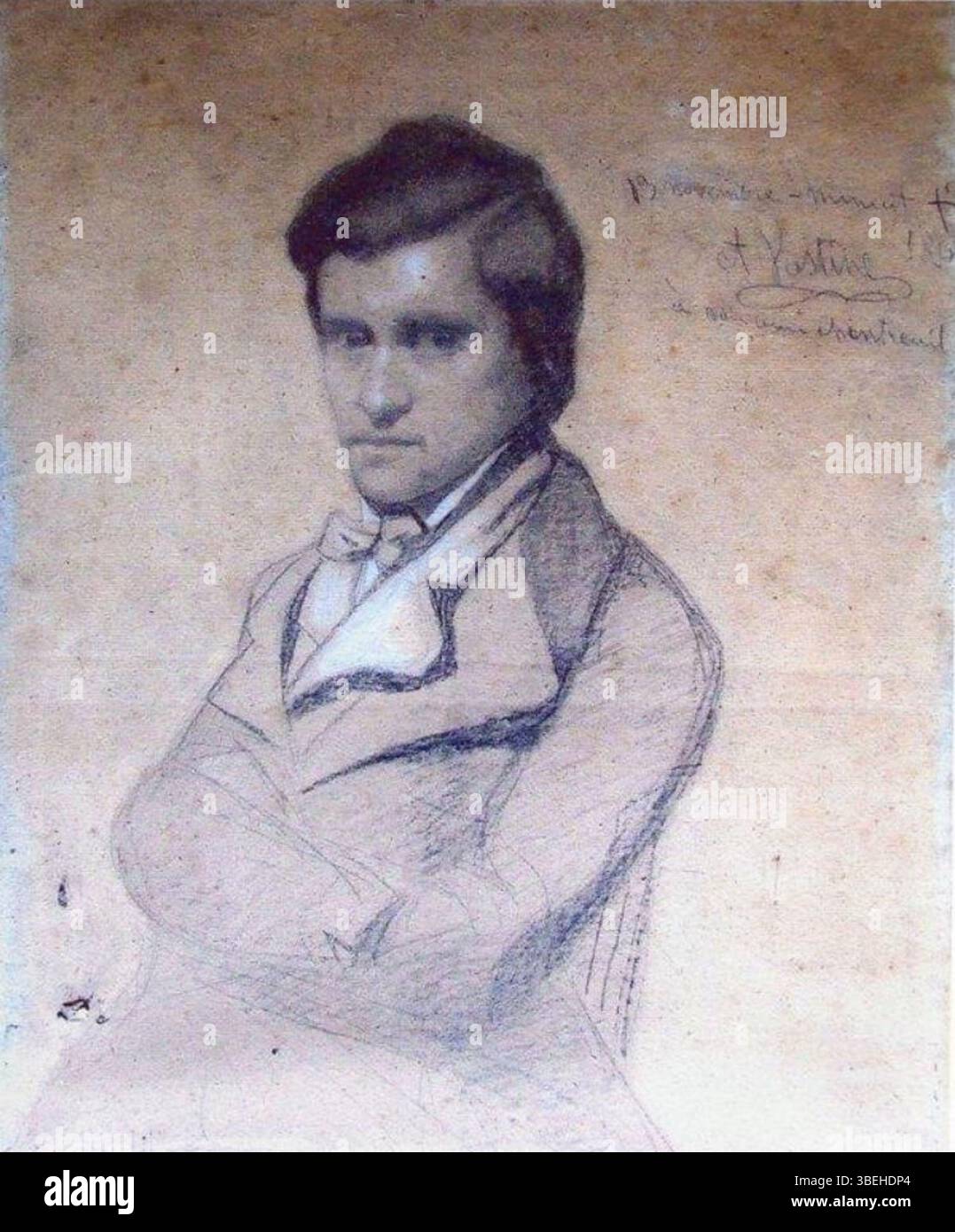 Un ritratto di Antoine Chintreuil, dipinto da Armand Vastine nel 1838, ospitato nel Musée Chintreuil a Pont-de-Vaux, in Francia. Il dipinto di 29x37 cm è inciso con una dedica personale a Chintreuil da parte dell'artista. Foto Stock