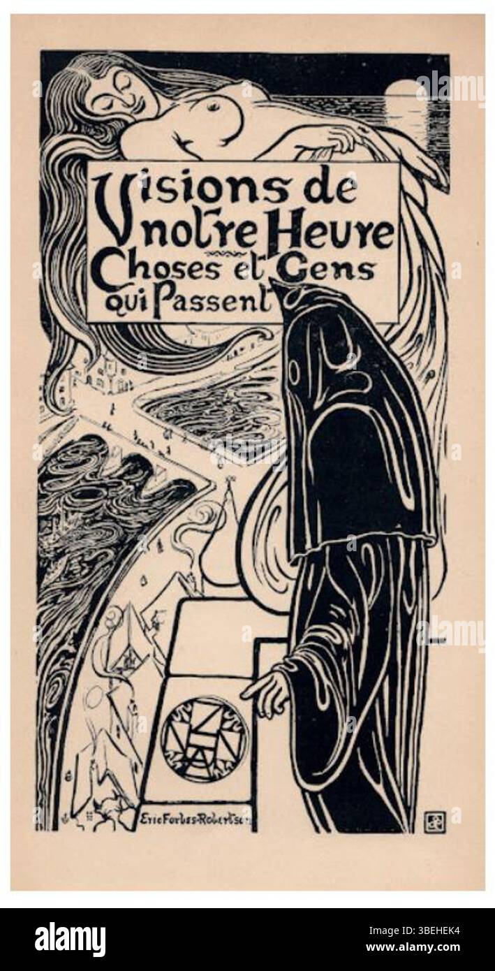 "Visions de notre heure" di Eric Forbes-Robertson è il frontespizio del saggio di Octave Uzanne del 1899, che cattura una riflessione culturale sull'arte, la letteratura e la vita. L'illustrazione mostra anche il monogramma di Uzanne. Foto Stock