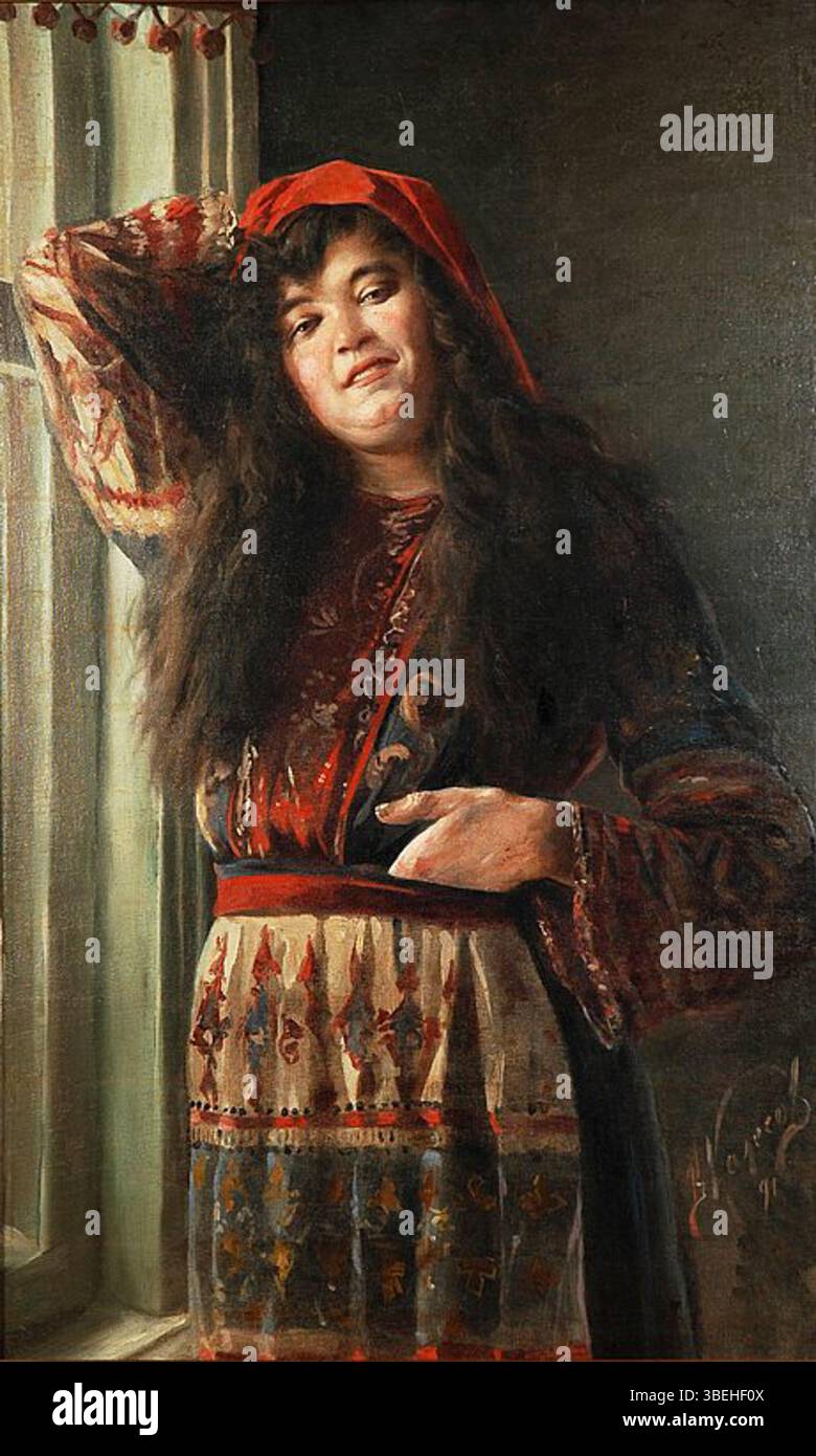 Ritratto di Olga Korosteleve di Vladimir Kolesov, dipinto nel 1899, che riflette l'eleganza e lo stile della società russa del tardo XIX secolo. Foto Stock