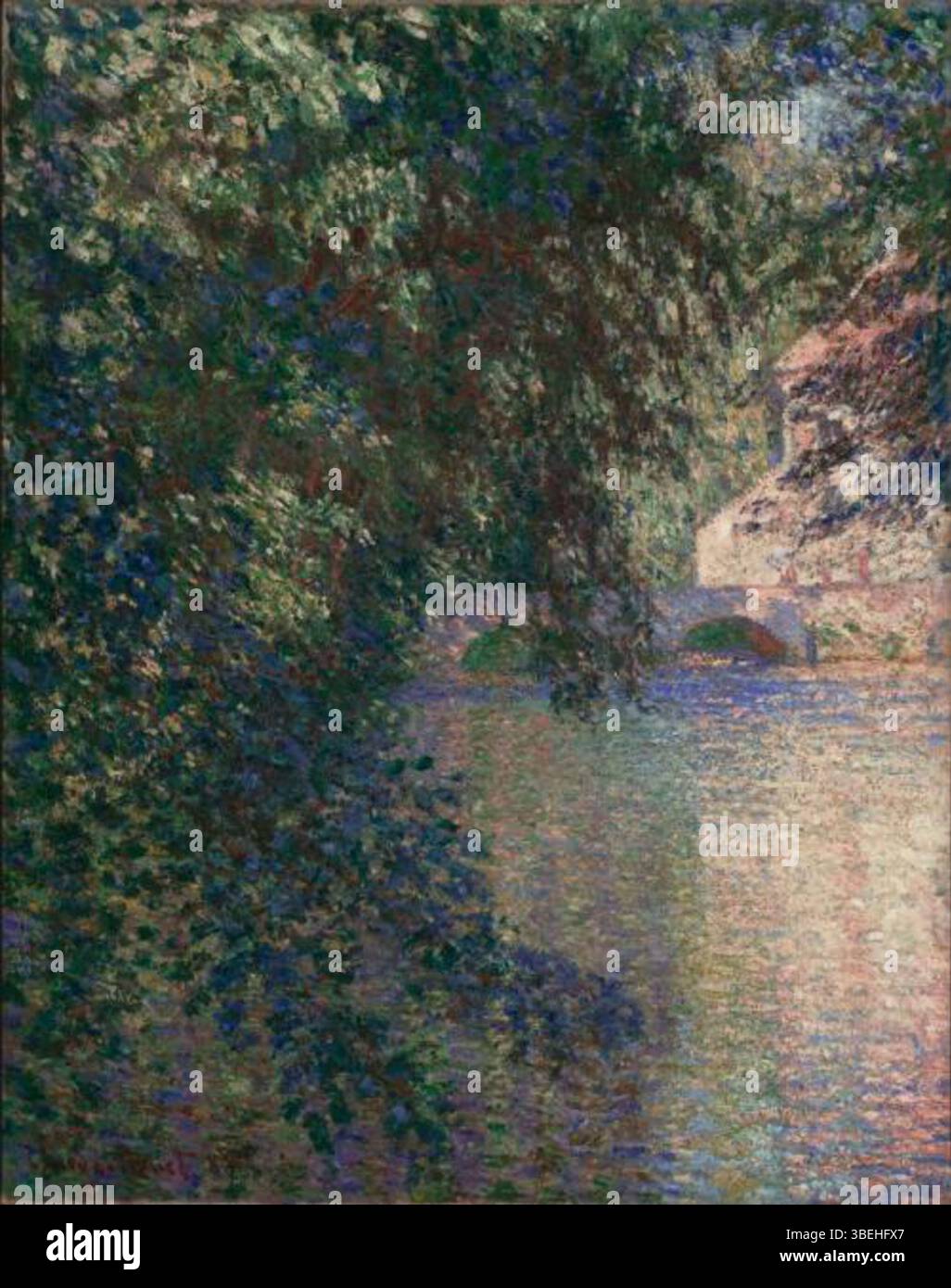 L’8 agosto 1888 di Monet «Mill at Limetz» mostra il mulino ad acqua normanno incorniciato da pioppi lungo l’Epte, realizzato con dabs vibranti che uniscono architettura e riflessi ondulati. Foto Stock