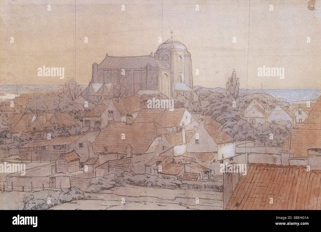 Circa 1900 disegno di Lucie van Dam van Isselt intitolato "Vista di Veere", creato con gesso, acquerello e inchiostro indiano, dimensioni 29,5 x 44,5 cm. Foto Stock
