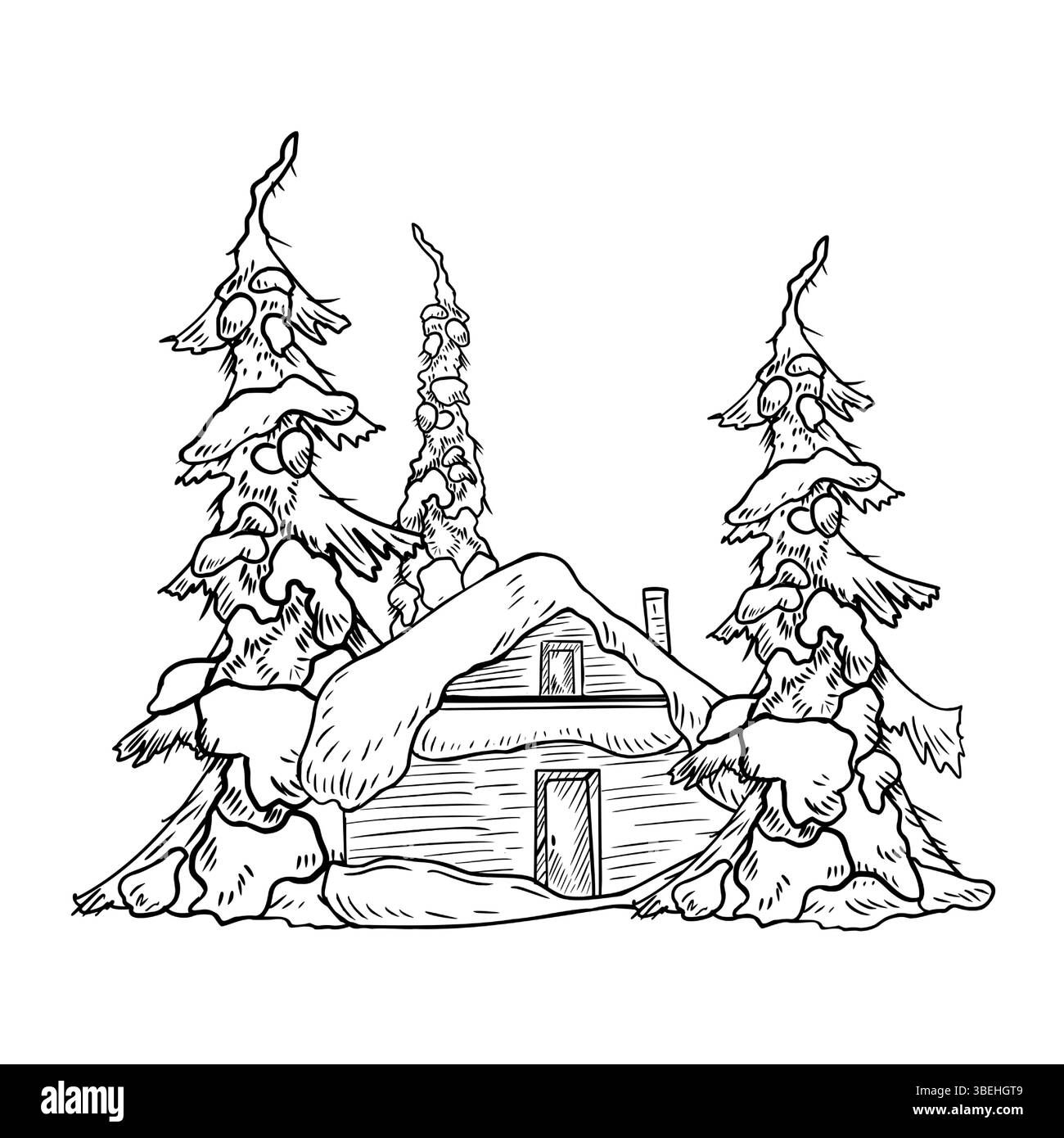 Cabina forestale con alberi di pino sul bordo della foresta innevata illustrazione vettoriale di contorno bianco nero disegnata a mano. Accogliente paesaggio invernale monocromatico per un ambiente rustico Illustrazione Vettoriale