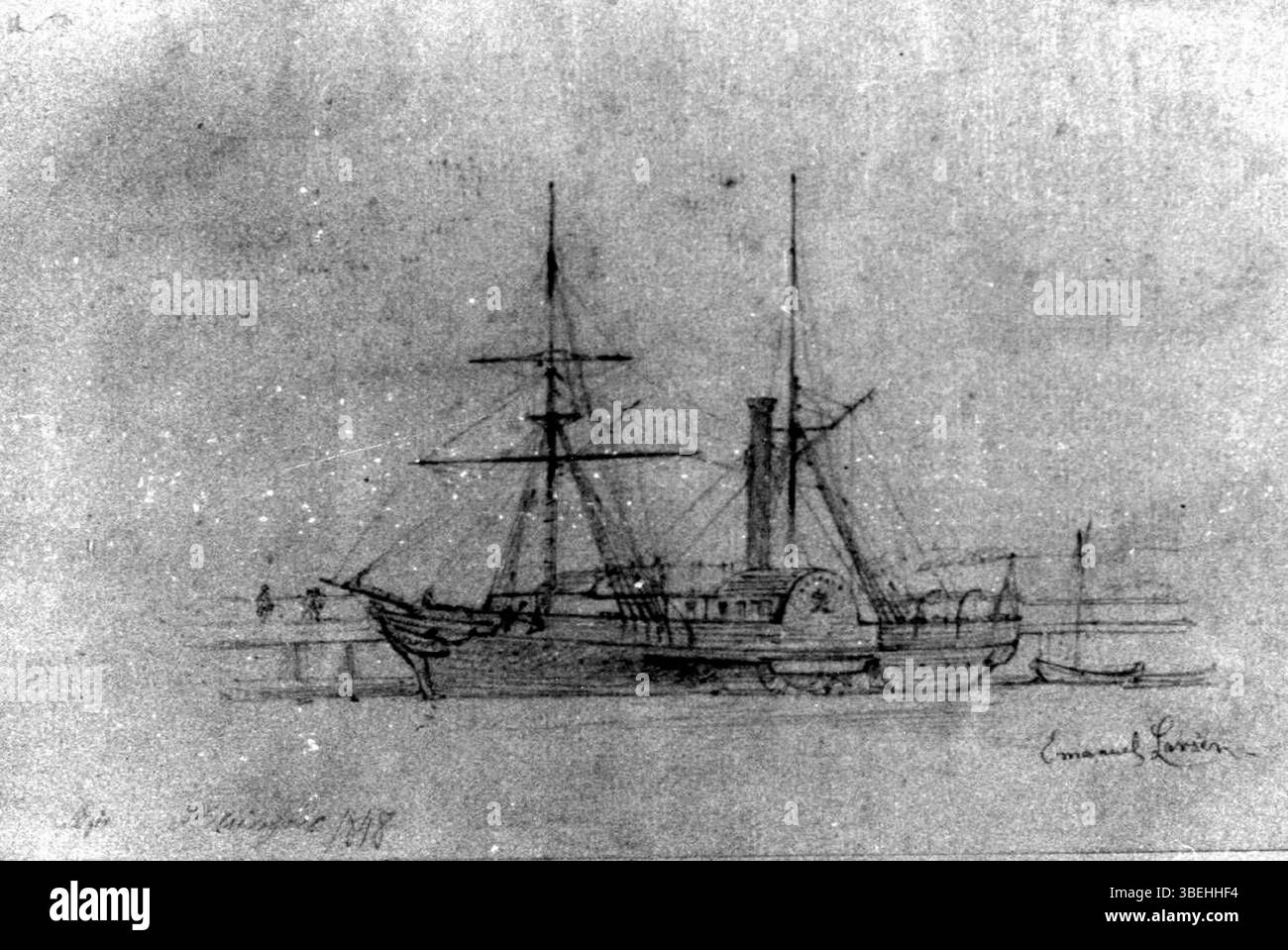 Il dipinto di Emmanuel Larsen del 1848 raffigura il piroscafo a pale Ægir a Helsingør, Danimarca. L’opera d’arte cattura la nave a vapore che è stata significativa nella storia marittima danese. Foto Stock