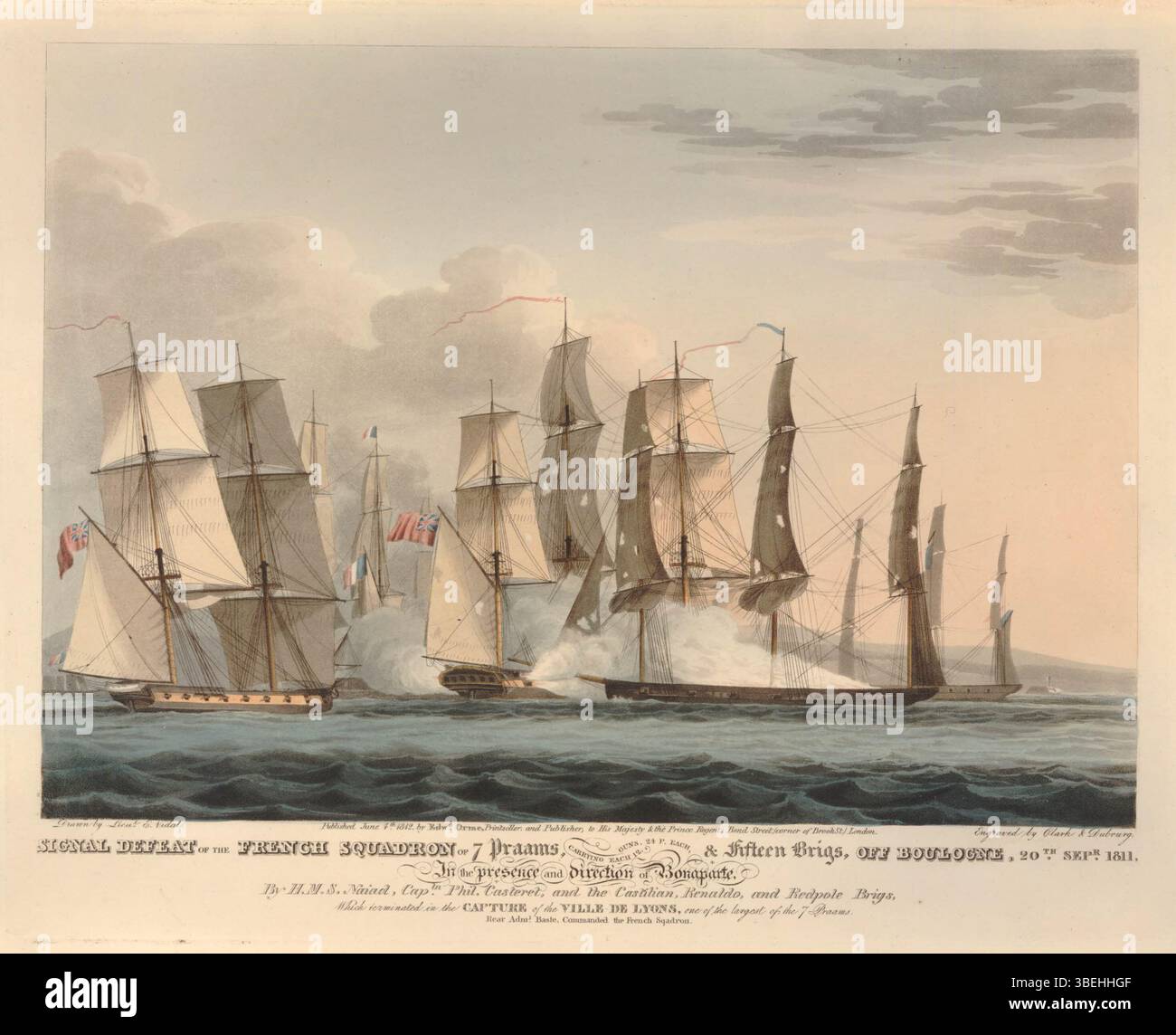Questa stampa raffigura la sconfitta dello squadrone francese al largo di Boulogne il 20 settembre 1811, guidato dal contrammiraglio Basle. La flotta francese era composta da sette Praam, ciascuno armato con 12 cannoni e 15 brigs. La vittoria britannica, comandata dal capitano Philip Casteret a bordo della H.M.S. Naiad, culminò nella cattura della Ville de Lyons. La scena è stata disegnata da Emeric Essex Vidal e incisa da Clark & Dubourg. Foto Stock