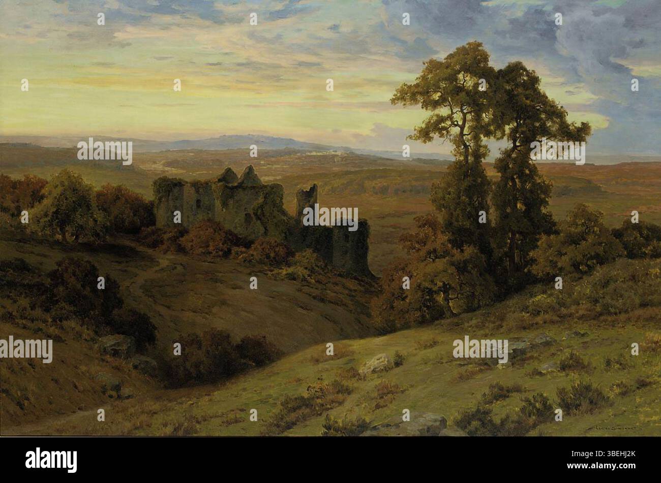 Una rovina del castello al crepuscolo, dipinta da Lucien Simonnet. Questa opera d'arte raffigura il soffice bagliore della luce serale che getta ombre sulle rovine, evocando un senso di mistero e profondità storica. Foto Stock