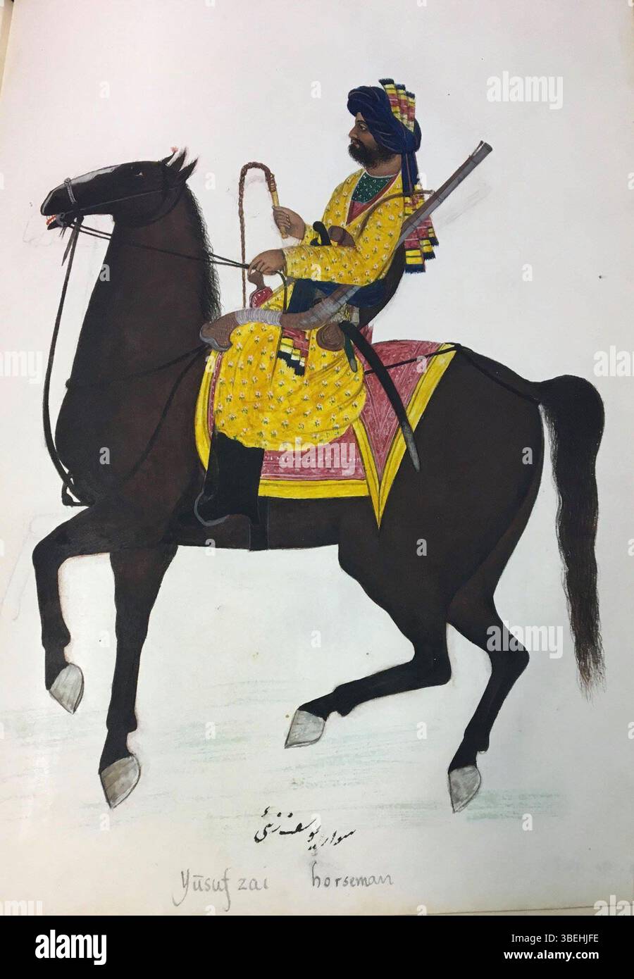 Questo dipinto della compagnia, risalente al 1830-40, raffigura un cavaliere Yousafzai, un gruppo etnico Pashtun noto come "Yusufzai" o "Esapzai". L'opera è parte di un album tenuto alla British Library, che mostra dettagliate raffigurazioni di persone e culture nell'India britannica. Foto Stock