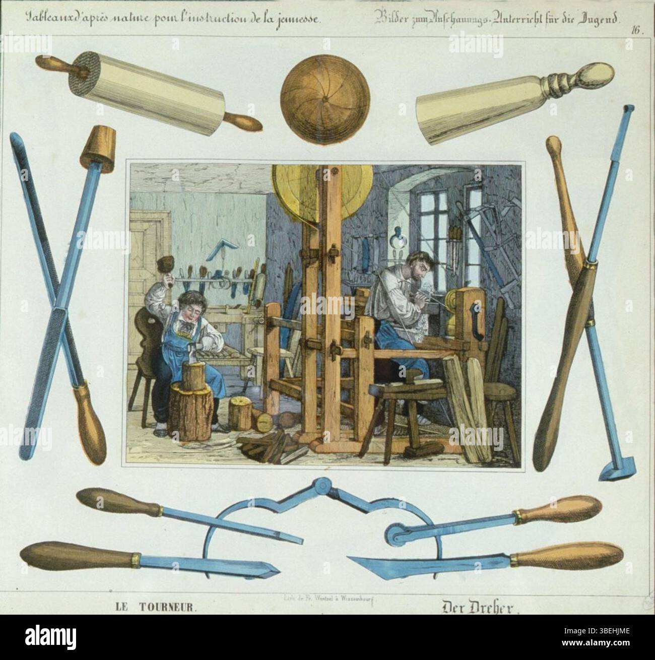 Questo piatto educativo colorato di Jean Frédéric Wentzel, datato 1847, fa parte della sua serie che illustra vari mestieri per l'istruzione della gioventù. Mostra un laboratorio di turner, che fornisce una rappresentazione visiva del mestiere, ed è stato pubblicato a Wissembourg. Foto Stock