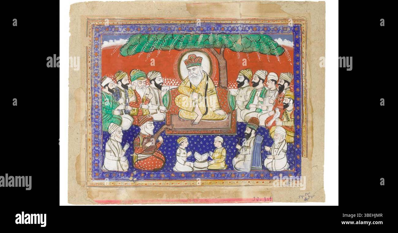 Queste 1860-70 opere d'arte presentano tutti i dieci Guru Sikh, con Guru Nanak al centro, circondato da Mardana e altri assistenti. Illustra l'unità dei Guru e il loro ruolo spirituale nel sikhismo. Foto Stock