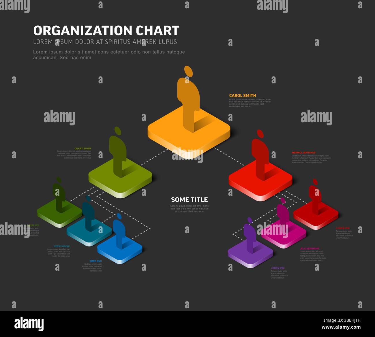 Visualizzate la gerarchia aziendale con questo vivace organigramma isometrico. Rappresentare in modo efficace la struttura aziendale e l'organizzazione del team, perfe Illustrazione Vettoriale
