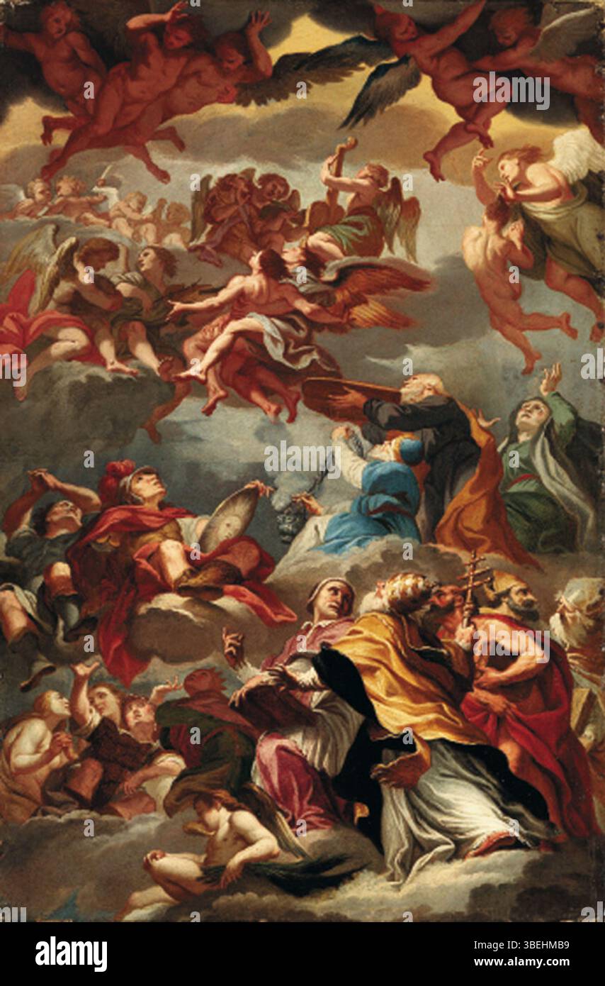 In "Mosè e i Padri della Chiesa Latina con gli Angeli per la creazione di musica", Vito d'Anna fonde l'iconografia religiosa con il simbolismo musicale. La scena ritrae figure bibliche e angeli impegnati nella musica divina, catturando un momento di armonia spirituale. Foto Stock