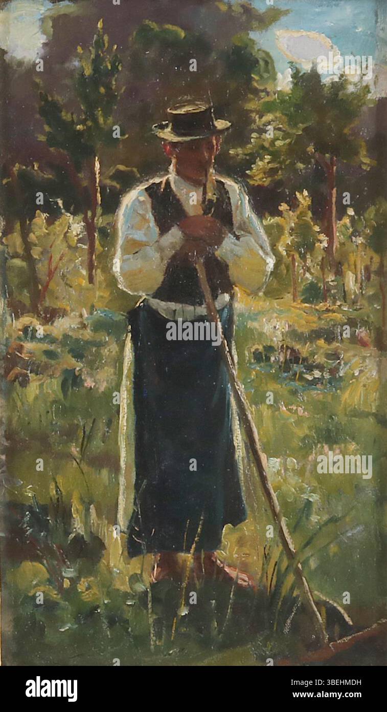 Questo olio su tela, intitolato "Gärtner mit Rechen und Pfeife" (giardiniere con rastrello e pipa), dipinto intorno al 1880, mostra un giardiniere in un ambiente rurale. Il pezzo presenta ricchi dettagli della vita rurale ed è di dimensioni 42 x 25,5 cm. Foto Stock