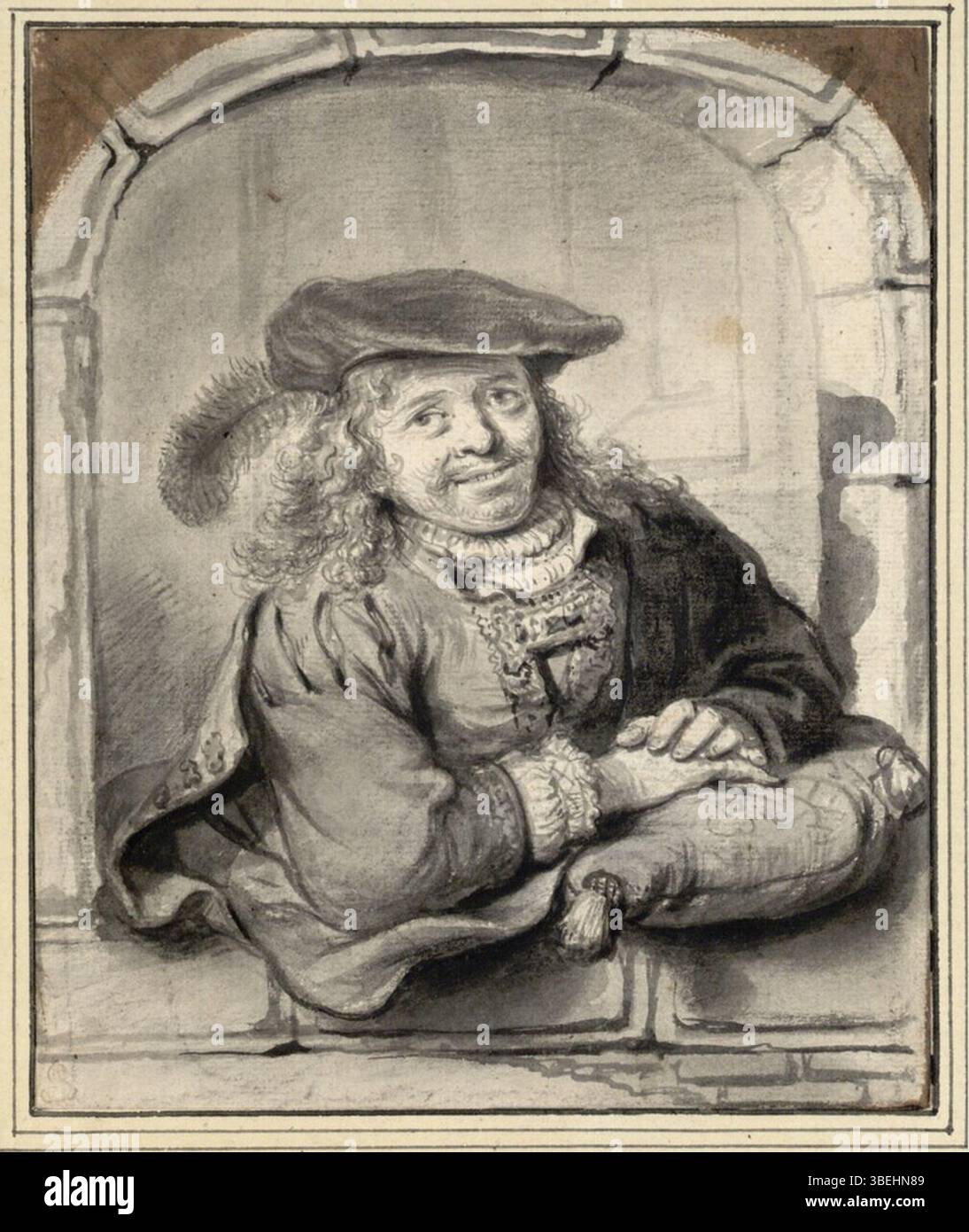 Autoritratto di Ferdinand Bol, creato intorno al 1650-1655, usando gesso nero e lavaggio grigio. Dimensioni: 160 x 132 mm. Situato al Museo Albertina di Vienna. Foto Stock