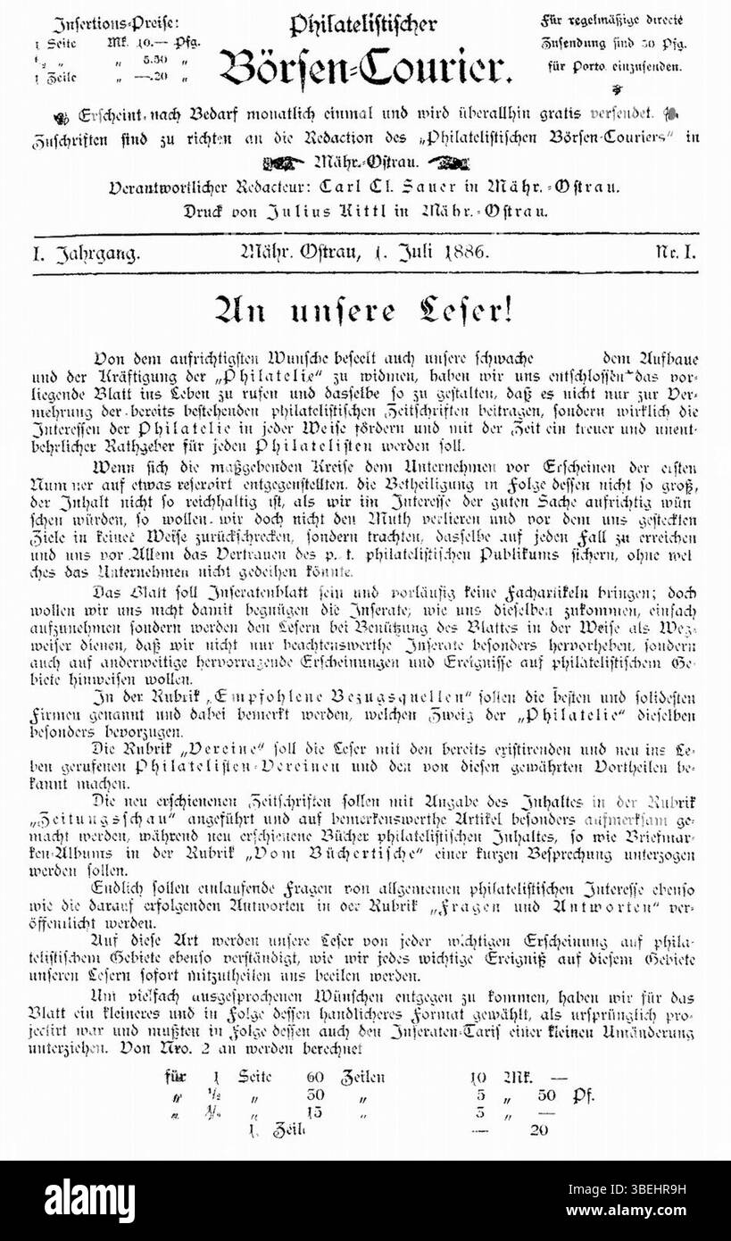 Philatelic Literature, 1886, con la prima pagina del primo numero di «Filatelistický Burzovní Kurýr», un'importante opera in filatelia ceca, a cura di Betislav Janík. Foto Stock