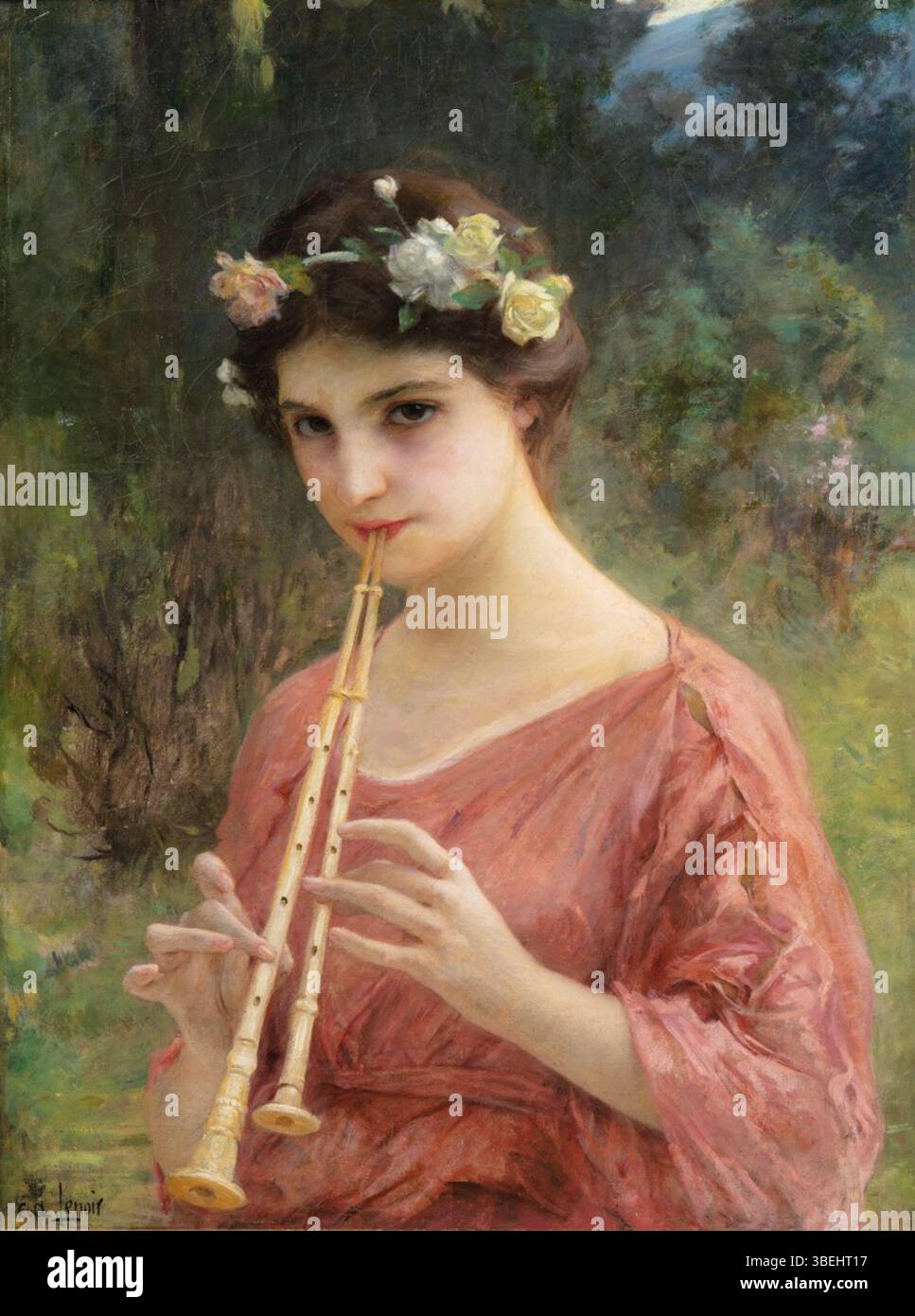 Questo dipinto di Charles-Amable Lenoir (1860-1926) raffigura una giovane donna che suona un aulos, o doppio flauto, uno strumento raro dell'antica Grecia. L'opera mette in risalto sia la tradizione musicale che la delicata grazia del soggetto. Foto Stock
