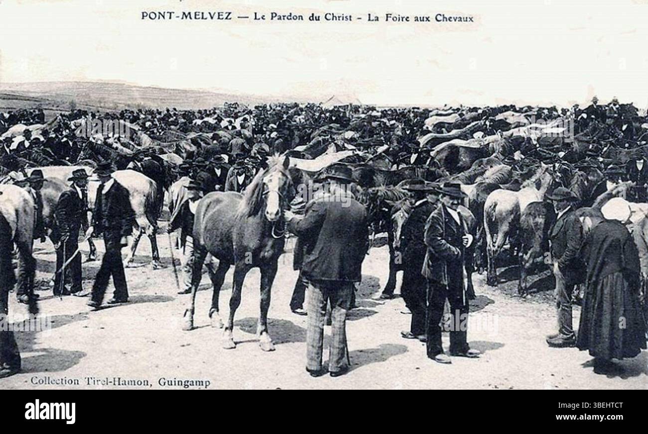 Questa cartolina del 1910 circa mostra il mercato dei cavalli di Pont-Melvez, che si tiene durante la festa del perdono di Cristo. L'immagine cattura l'atmosfera vivace del mercato, con cavalli e gente del posto che partecipano all'evento annuale a Guingamp. Foto Stock