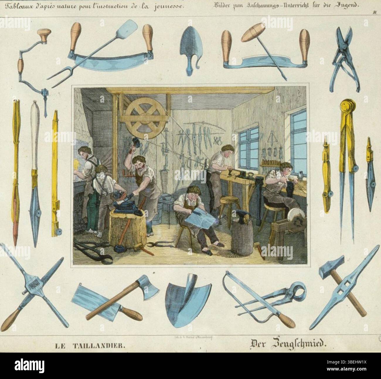 Questo piatto colorato di Jean Frédéric Wentzel, creato nel 1847, raffigura una bottega di fabbri come parte della serie 'Tableaux d'après nature'. Il pezzo è uno strumento educativo che mostra il lavoro di un fabbro, volto a insegnare ai giovani spettatori l'artigianato e le professioni tradizionali. Foto Stock